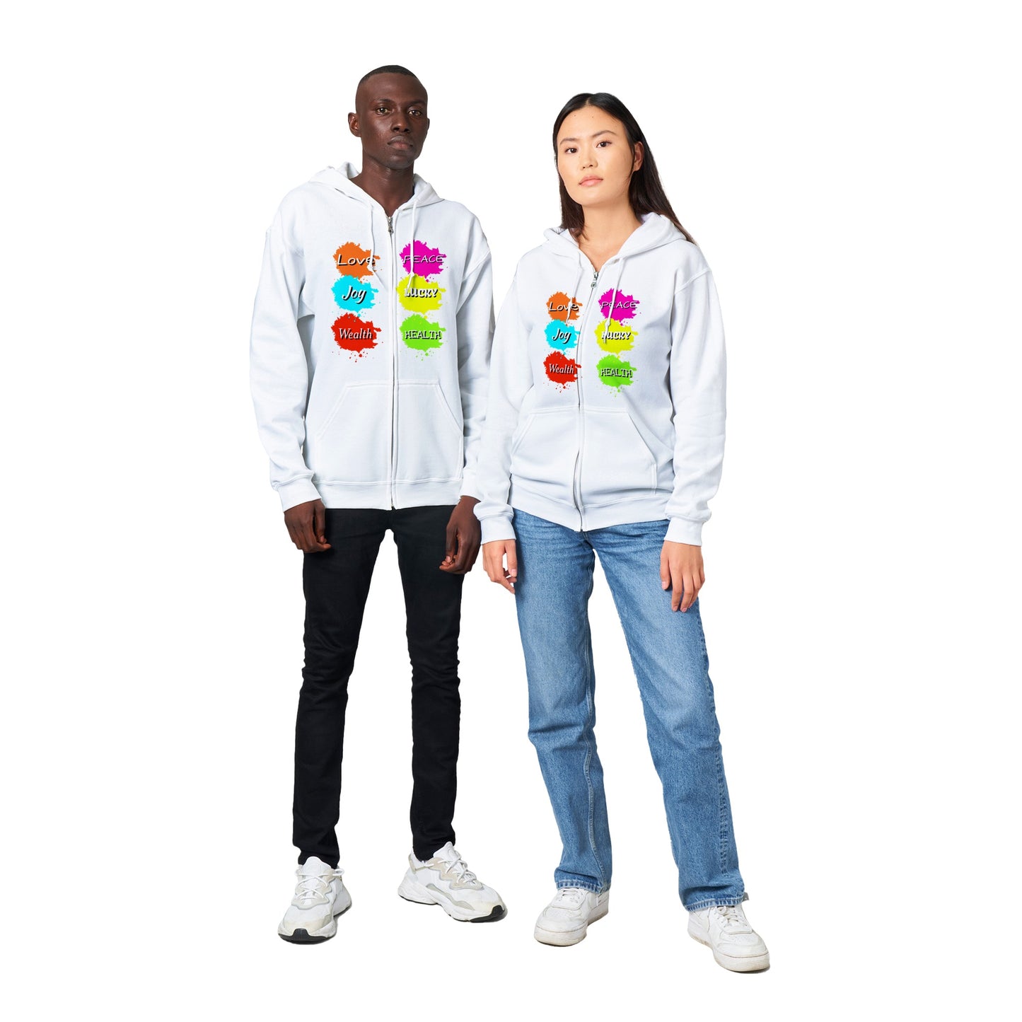 This hoodie is more than just fashion; it's a statement that resonates with meaning and positivity. Featuring an array of bright colours, the front of the hoodie carries words that evoke a sense of empowerment and bliss: Love, Peace, Joy, Lucky, Wealth, and Health. As you wear these words close to your heart, you invite their energy into your life. Turn to the back, and you'll find additional affirmations that uplift your journey: Blessings, Success, and Gratitude.