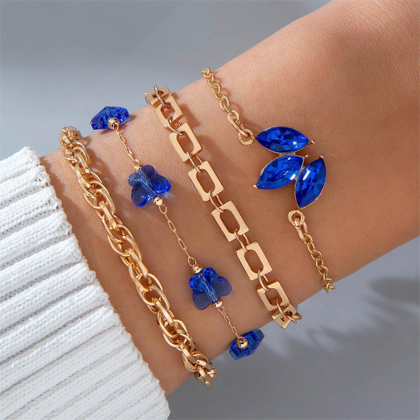 4pcs Gold Blue Flower Love Butterfly Bracelet Set With Rhinestones