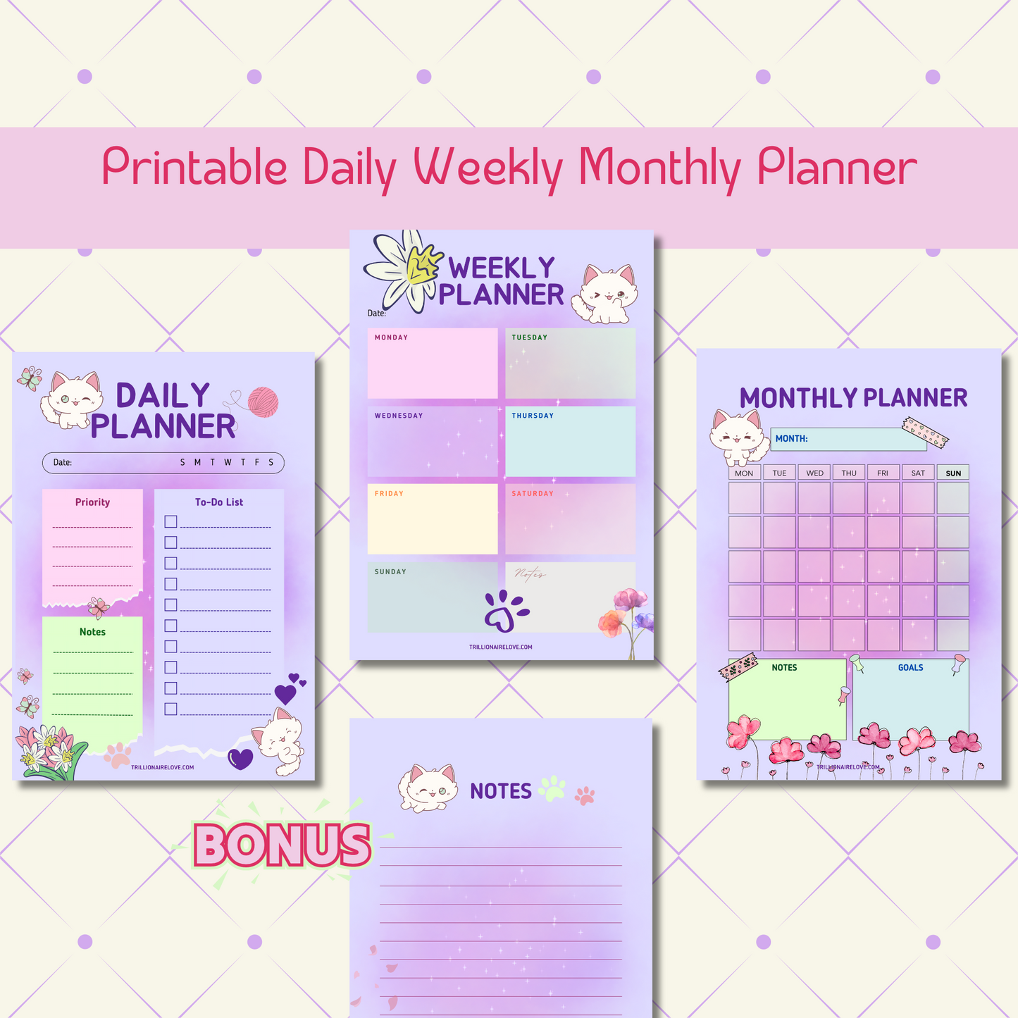 his cute printable planner is perfect for organising your day, week and month in a cutest way. Plus a Bonus Note page, all full of harmonious colours and anime style