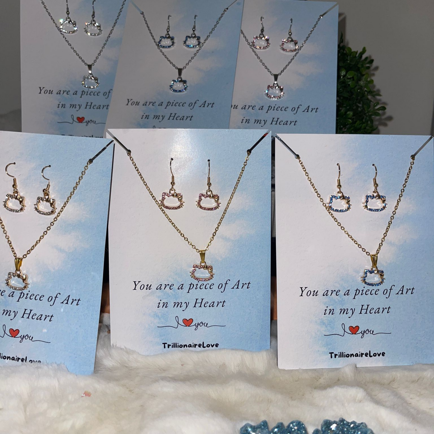 Kitty Necklace Set, Kwaii Kitty, Cat Earrings, Silver Gold Necklace, Cute Cat Jewelry, Stainless Steel, Handmade Jewellery, Gift For Her