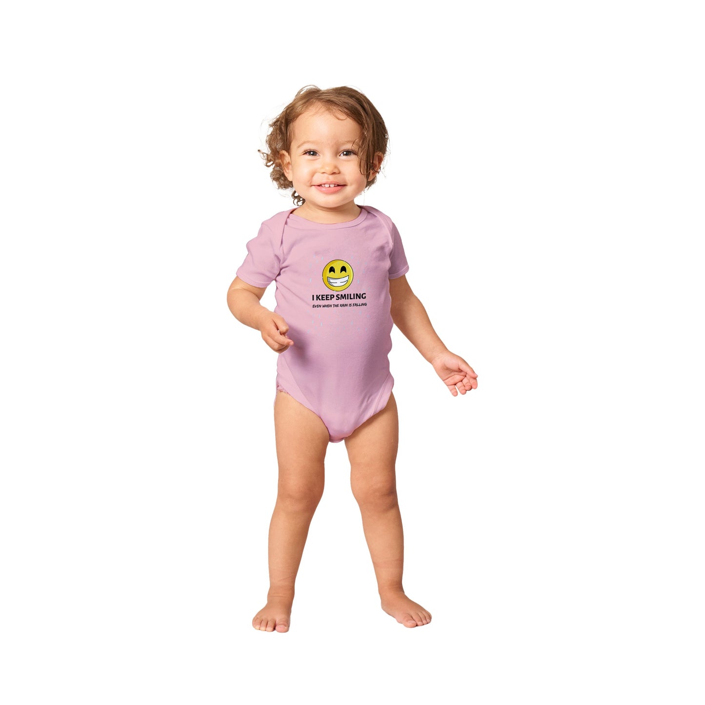 Inspirational Baby Short Sleeve Bodysuit with a positive affirmation: "I Keep Smiling, even when the rain is falling". An image of an emoji smiling and drop of rain - baby pink