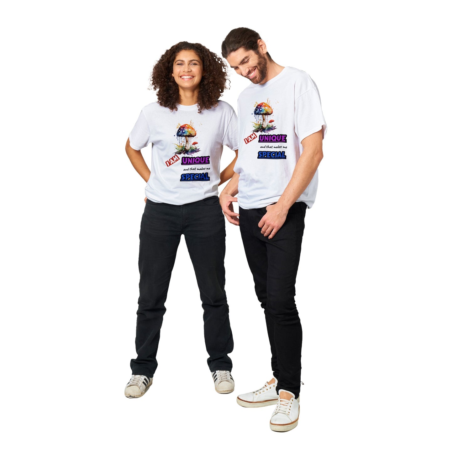 I AM UNIQUE, AND THAT MAKES ME SPECIAL - INSPIRATIONAL QUOTES FASHION COLOURFUL MUSHROOM MEN WOMEN WHITE T-SHIRT