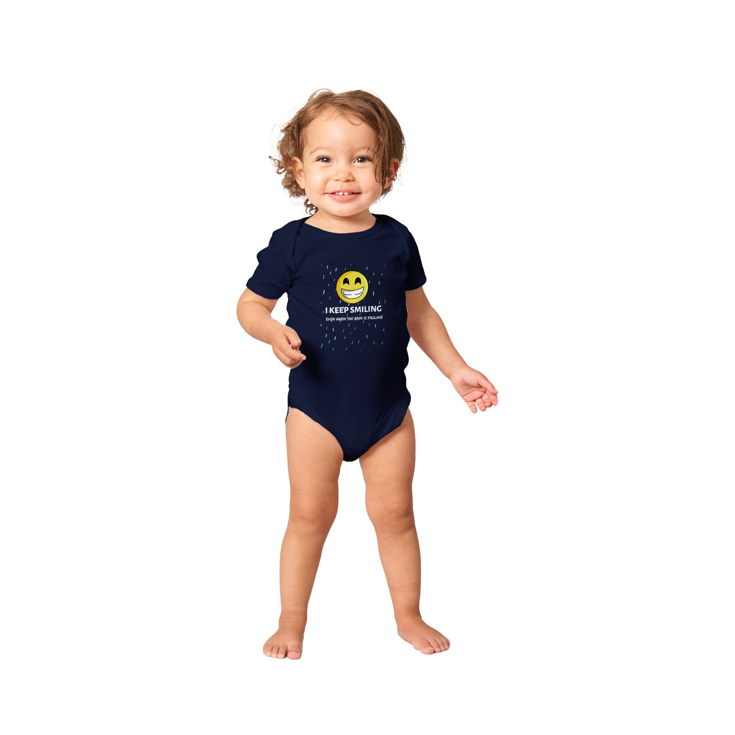 Inspirational Baby Short Sleeve Bodysuit with a positive affirmation: "I Keep Smiling, even when the rain is falling". An image of an emoji smiling and drop of rain - navy