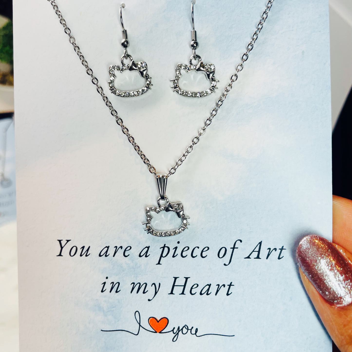 Hello Kitty, Silver Necklace and Earrings Clear Crystal Set, Handmade Jewellery set, gift for her