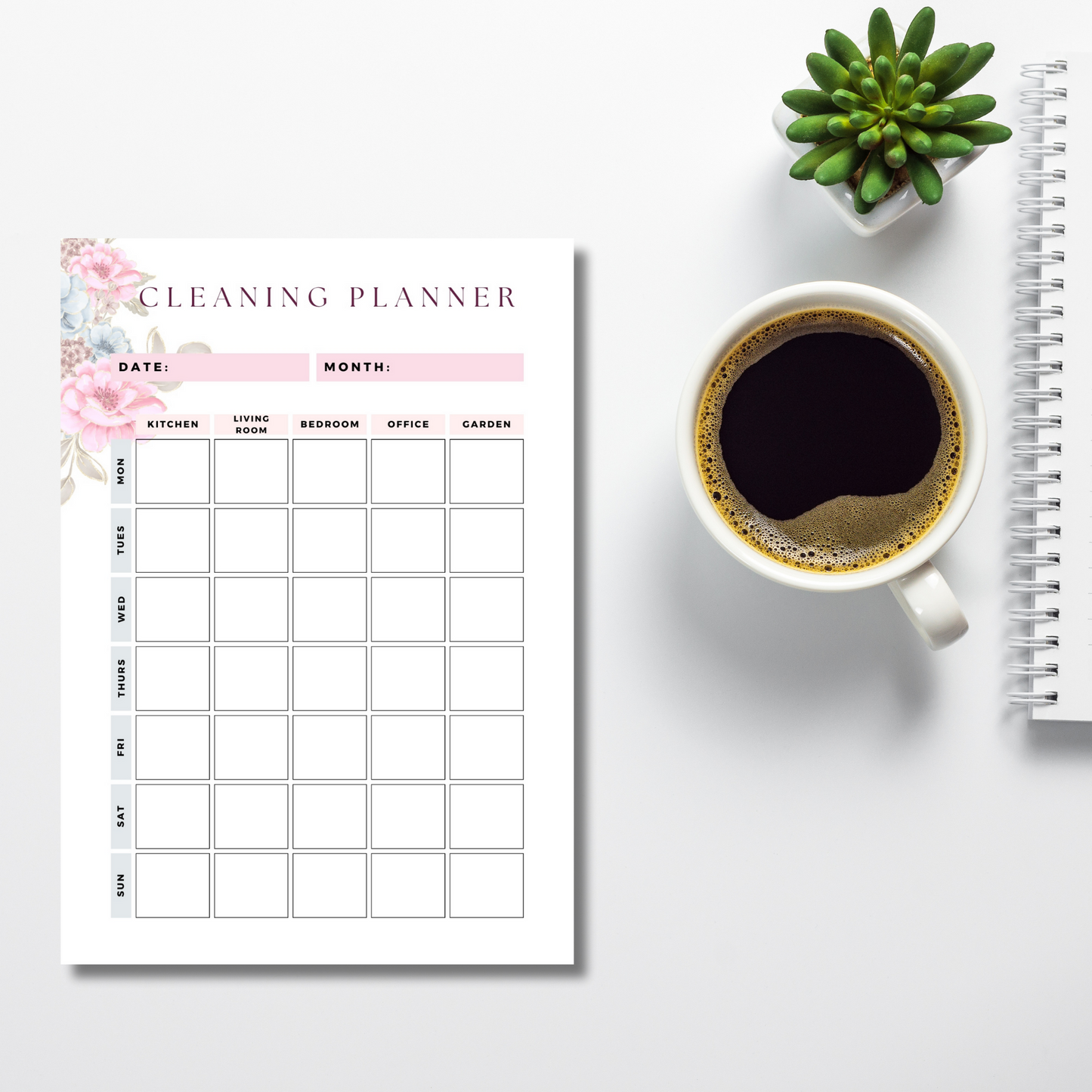 pink and blue flowers cleaning planner