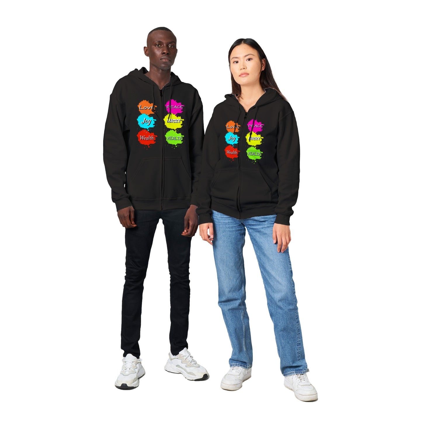 This hoodie is more than just fashion; it's a statement that resonates with meaning and positivity. Featuring an array of bright colours, the front of the hoodie carries words that evoke a sense of empowerment and bliss: Love, Peace, Joy, Lucky, Wealth, and Health. As you wear these words close to your heart, you invite their energy into your life. Turn to the back, and you'll find additional affirmations that uplift your journey: Blessings, Success, and Gratitude.
