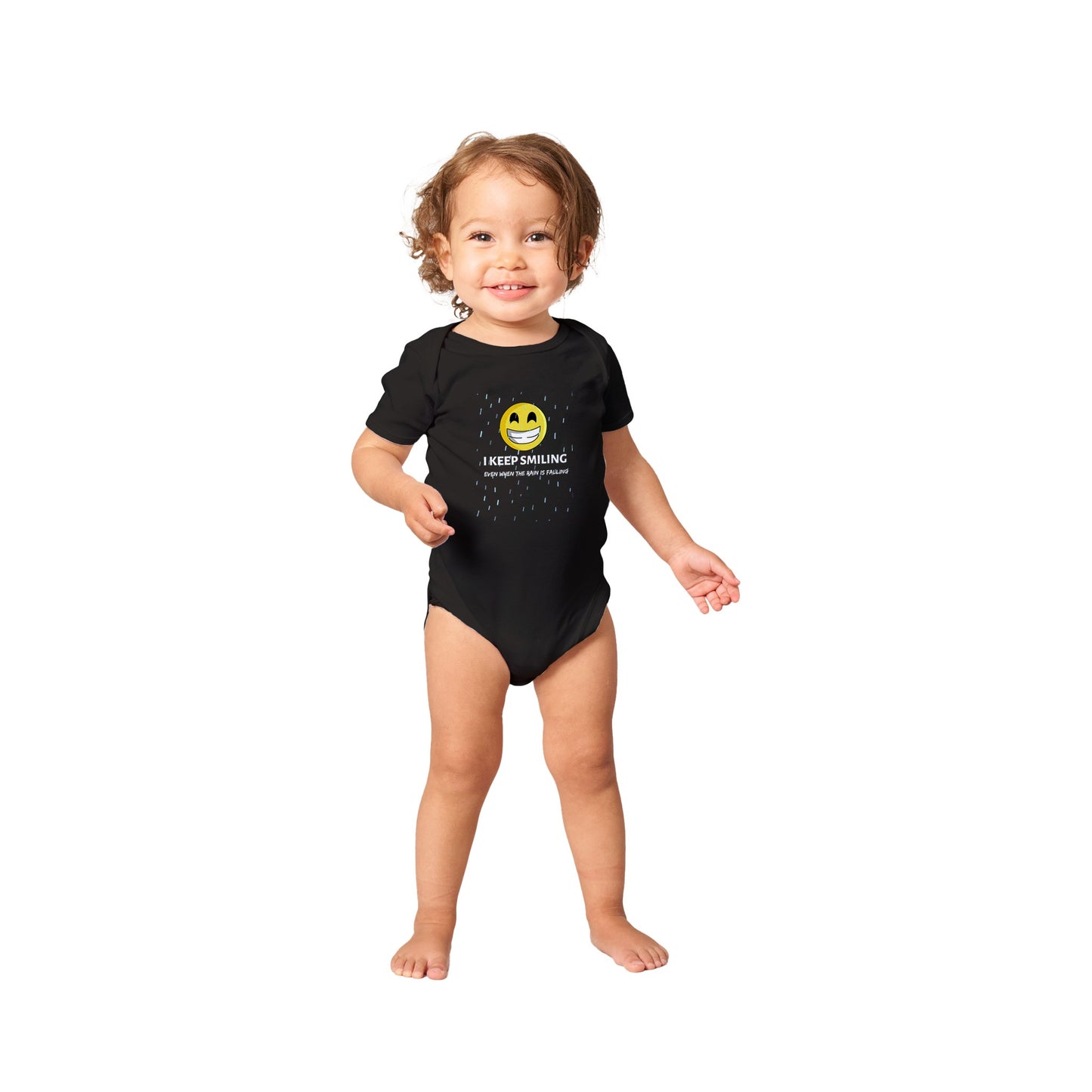 Inspirational Baby Short Sleeve Bodysuit with a positive affirmation: "I Keep Smiling, even when the rain is falling". An image of an emoji smiling and drop of rain - black