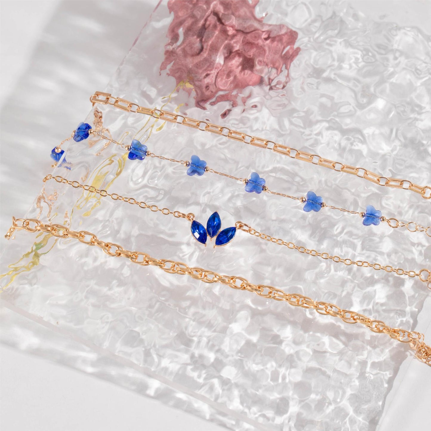 4pcs Gold Blue Flower Love Butterfly Bracelet Set With Rhinestones