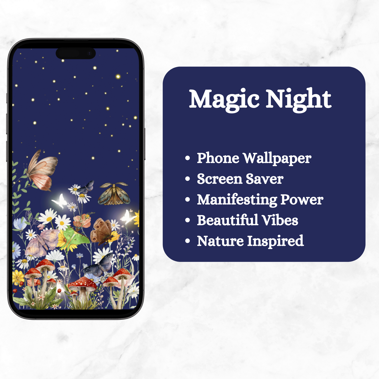 Night Sky Moth Phone Wallpaper - Flower and mushroom Digital Phone Wallpaper