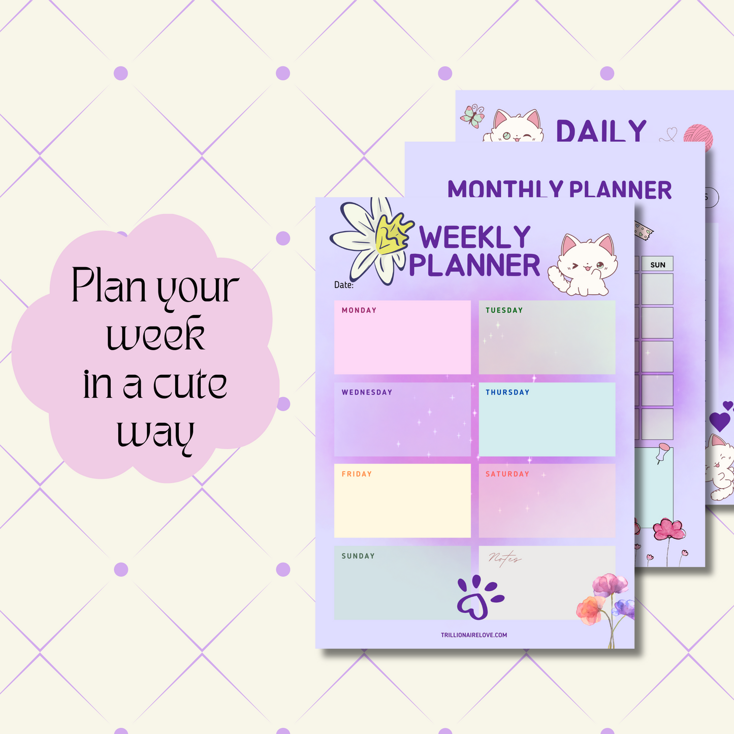 Cute cat Daily Planner Printable, Weekly Planner, Monthly Planner, A4 & A5