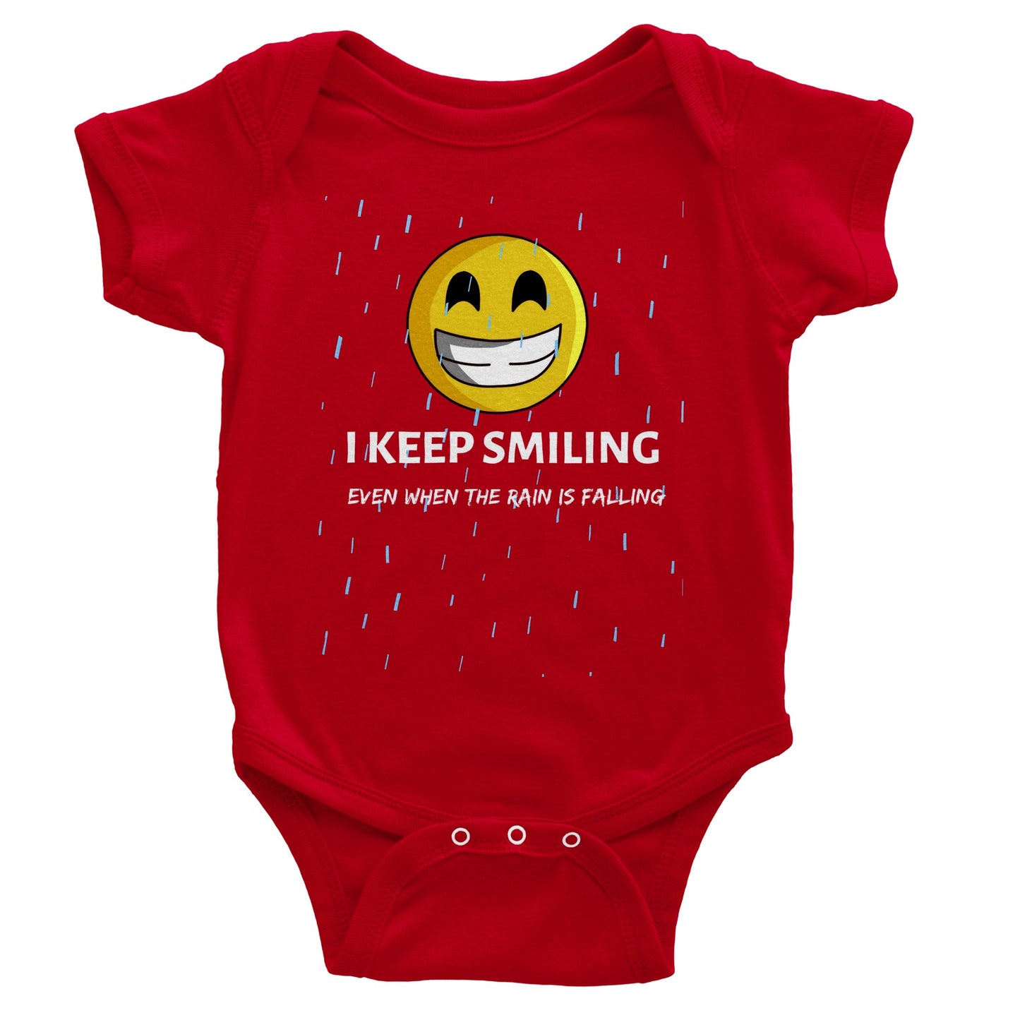 Inspirational Baby Short Sleeve Bodysuit with a positive affirmation: "I Keep Smiling, even when the rain is falling". An image of an emoji smiling and drop of rain