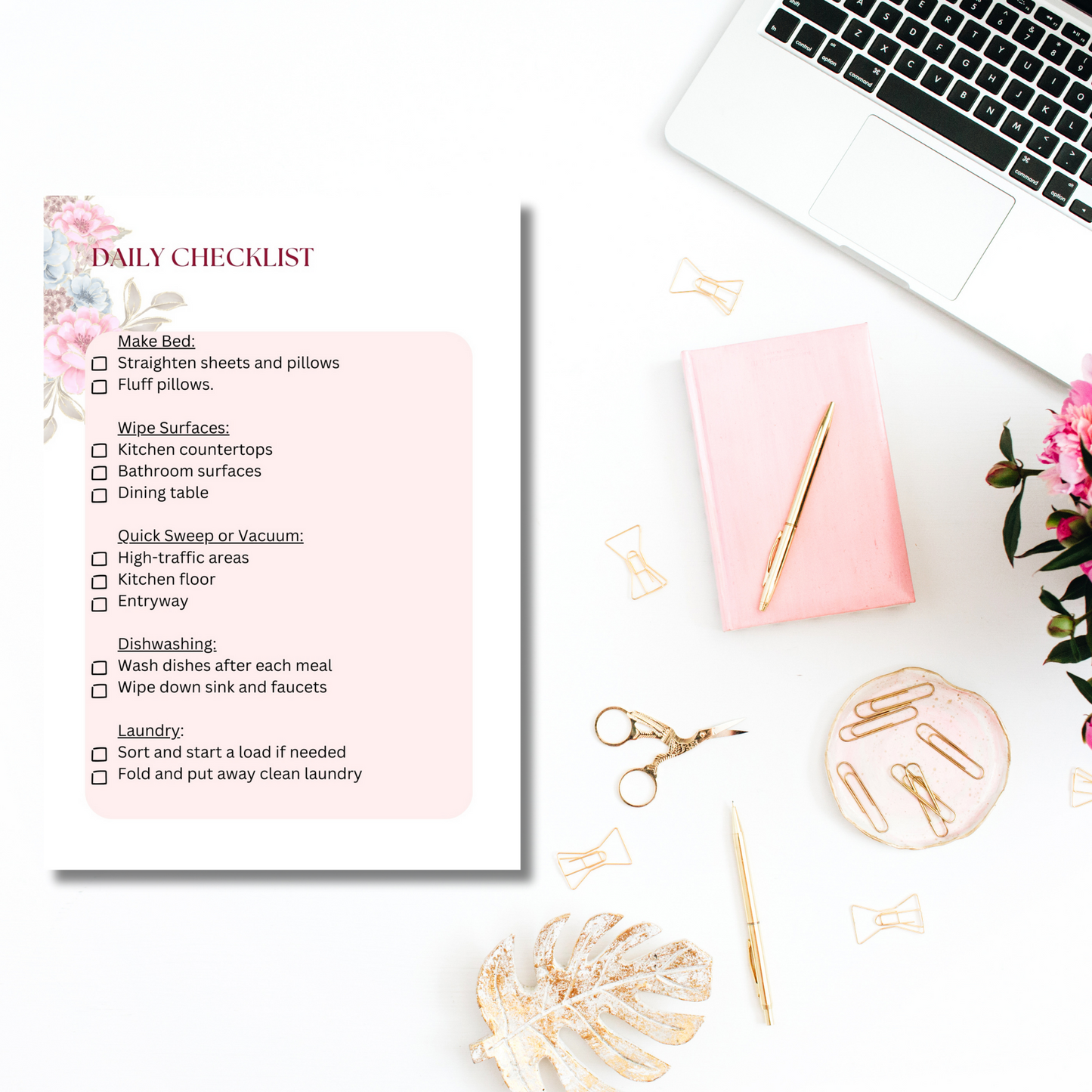 daily checklist in a beautiful pink modern design. All your daily cleaning routine is here to help you keep your space always tidy.