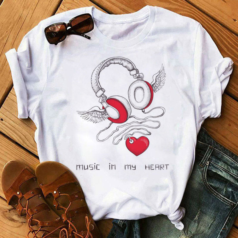 Positive Women's Music Note Printing Kawaii Top Love Female T-shirt
