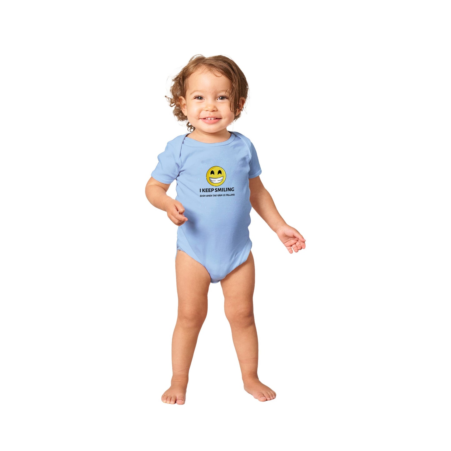 Inspirational Baby Short Sleeve Bodysuit with a positive affirmation: "I Keep Smiling, even when the rain is falling". An image of an emoji smiling and drop of rain - baby blue