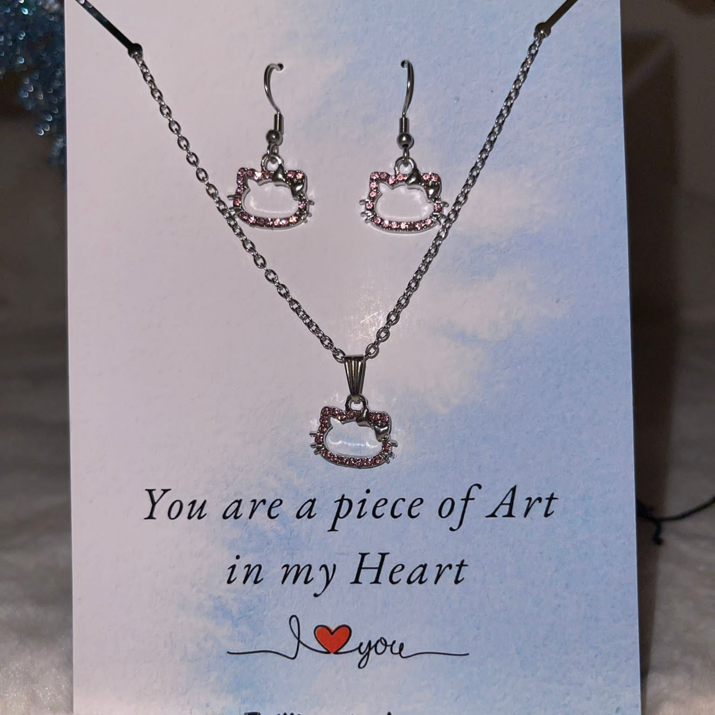 Hello Kitty, Silver Necklace and Earrings Pink Crystal Set, Handmade Jewellery set, gift for her