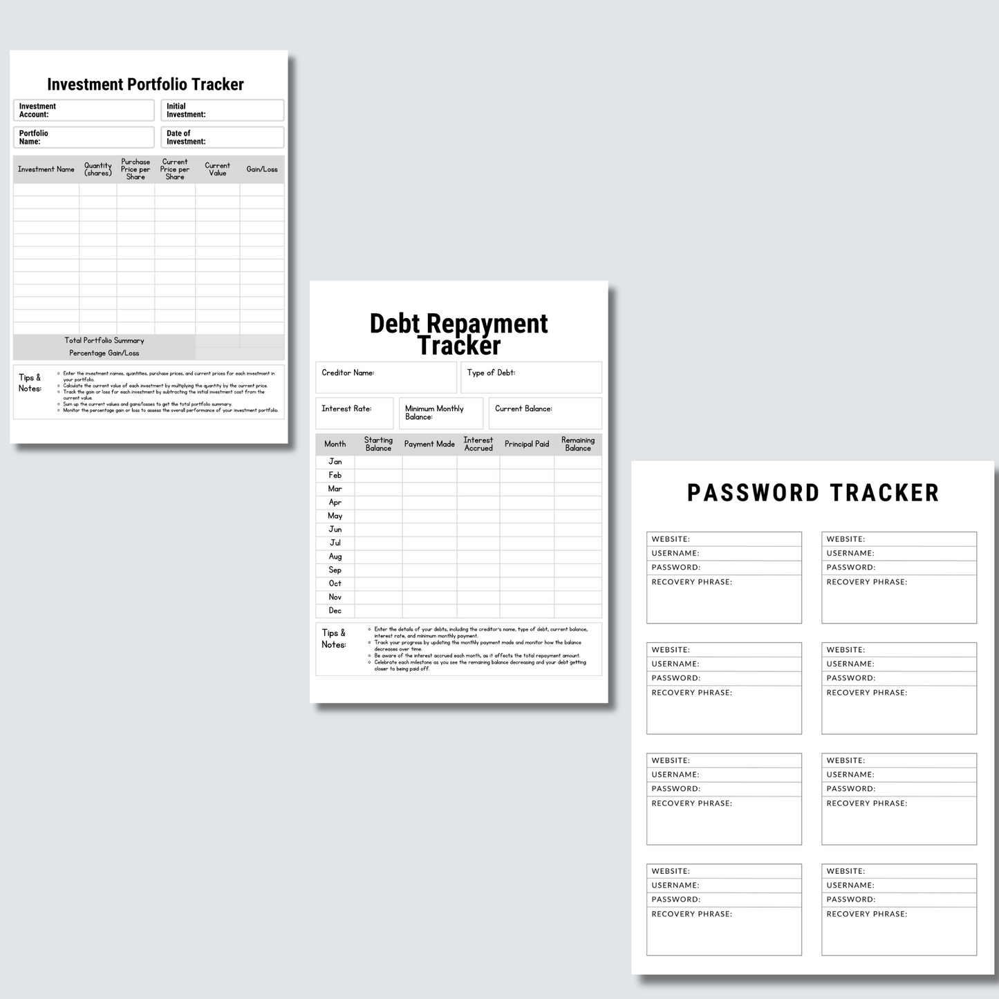 investment portfolio tracker, debt repayment tracker, password tracker