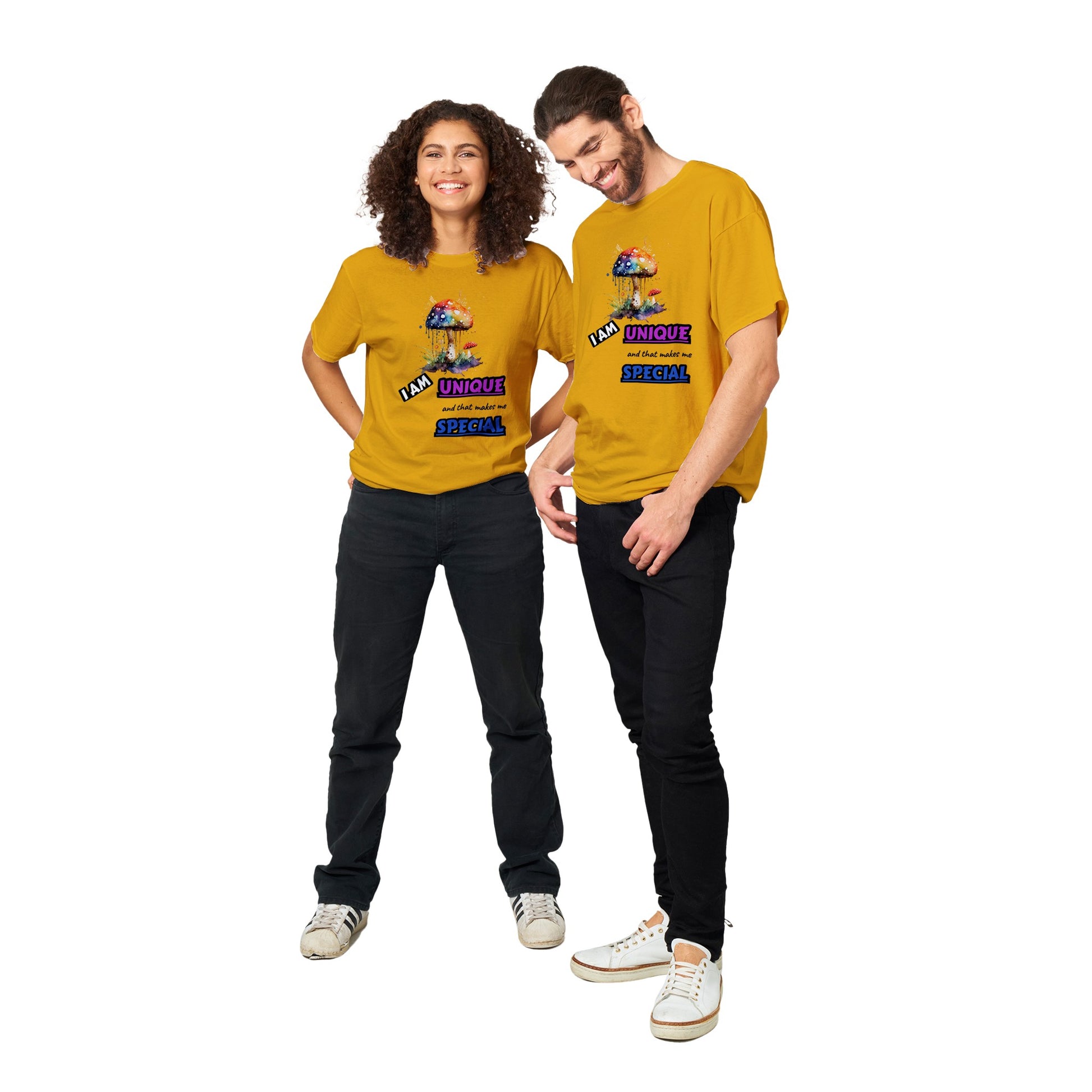 I AM UNIQUE, AND THAT MAKES ME SPECIAL - INSPIRATIONAL QUOTES FASHION COLOURFUL MUSHROOM MEN WOMEN YELLOW T-SHIRT