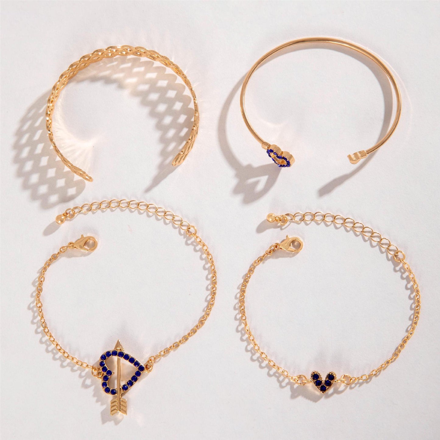 4pcs Gold Blue Flower Love Butterfly Bracelet Set With Rhinestones