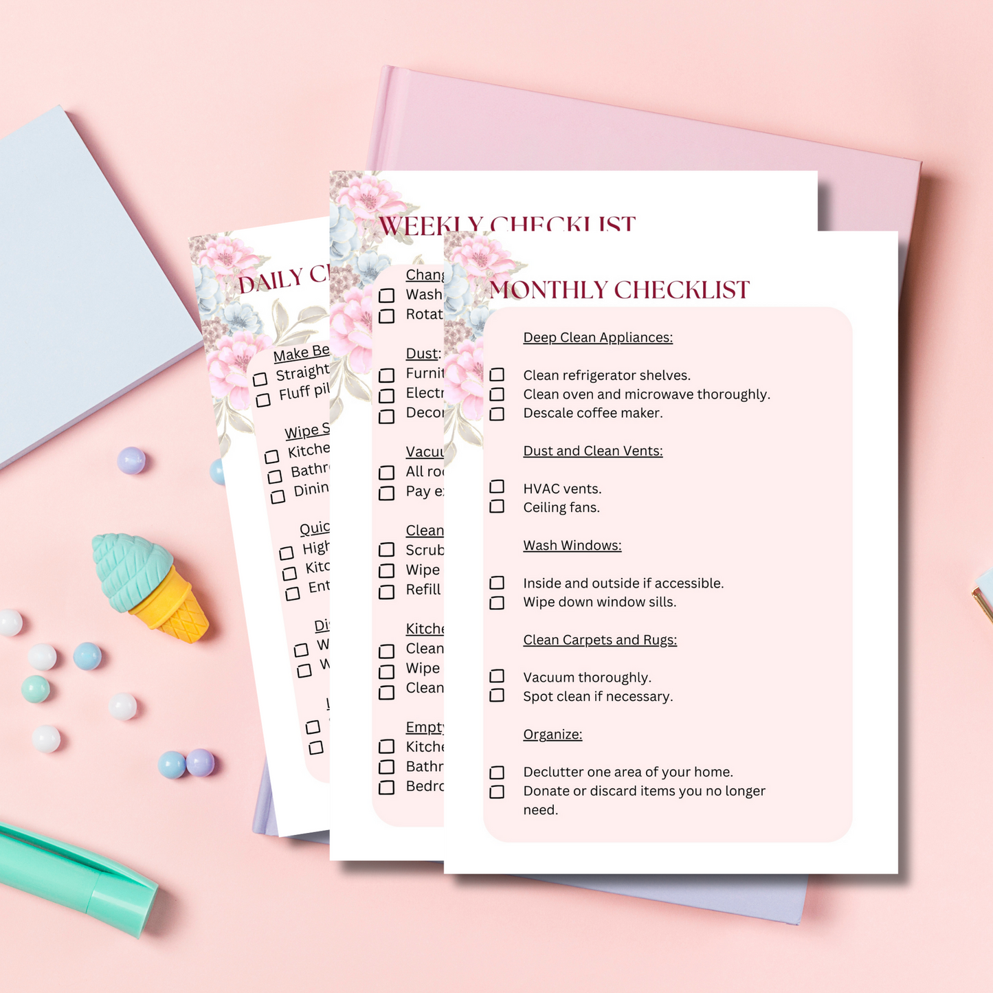 daily checklist in a beautiful pink modern design. All your daily, weekly and monthly cleaning routine is here to help you keep your space always tidy.