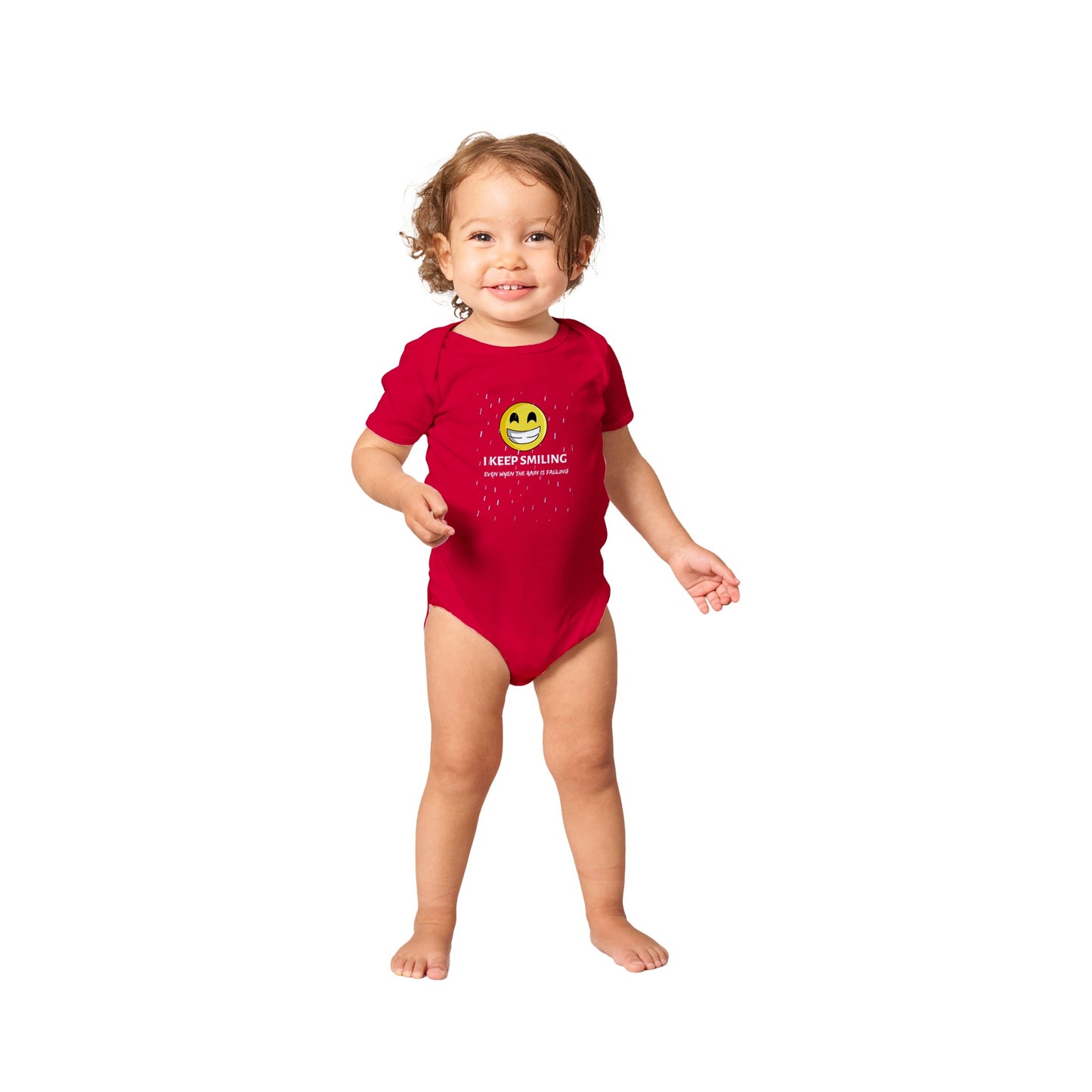 Inspirational Baby Short Sleeve Bodysuit with a positive affirmation: "I Keep Smiling, even when the rain is falling". An image of an emoji smiling and drop of rain - red