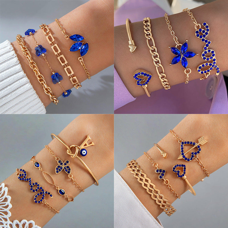 4pcs Gold Blue Flower Love Butterfly Bracelet Set With Rhinestones