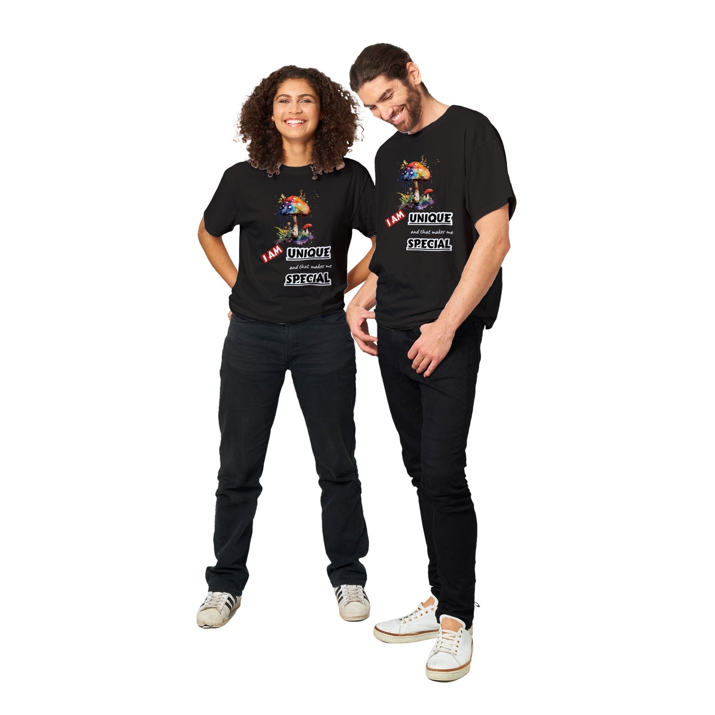 I AM UNIQUE, AND THAT MAKES ME SPECIAL - INSPIRATIONAL QUOTES FASHION COLOURFUL MUSHROOM MEN WOMEN BLACK T-SHIRT