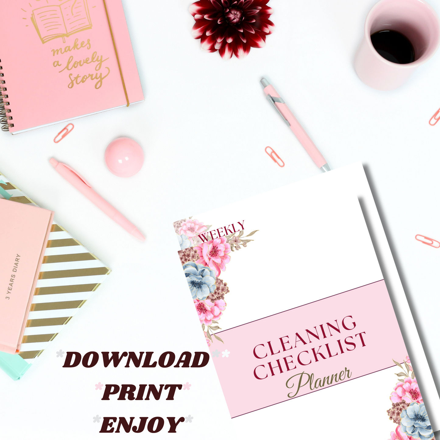 elegant pink cleaning checklist and planner for your home and office
