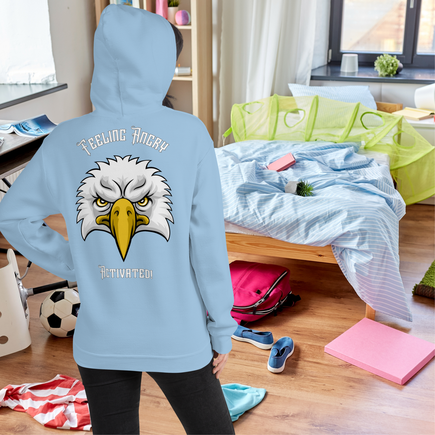 Motivational Unisex Hoodie with Affirmation: Feeling Angry Activated! An image of an angry bird in the hoodie. Funny Humour Hoodie, Graphic Hoodie, Gift idea