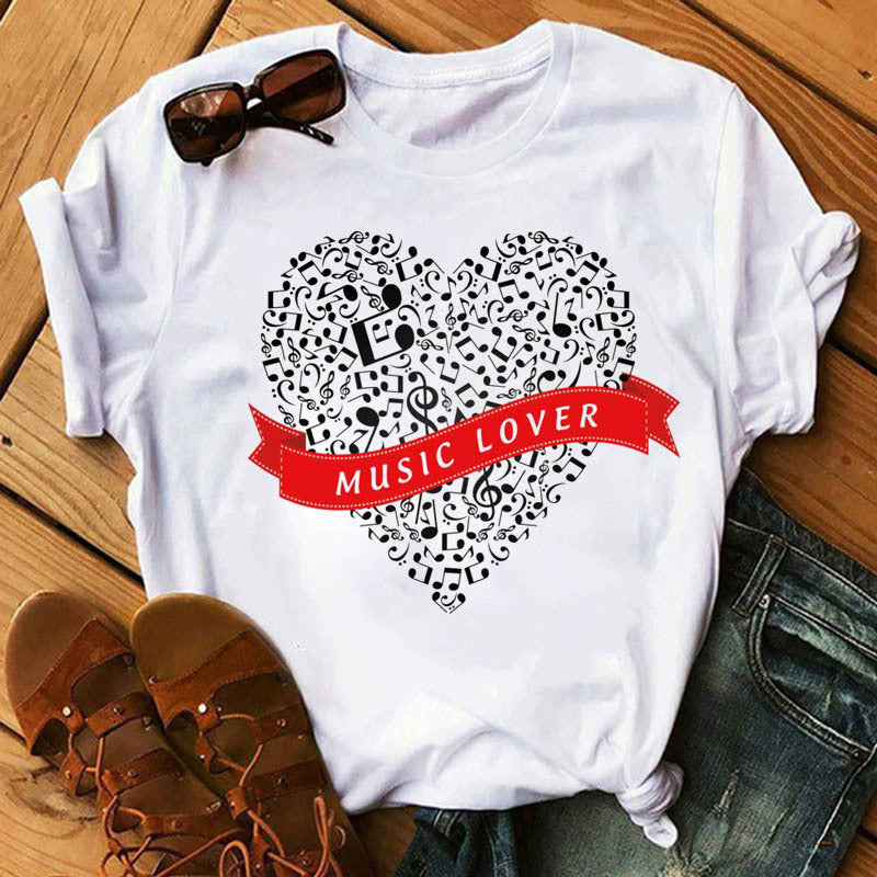 Positive Women's Music Note Printing Kawaii Top Love Female T-shirt
