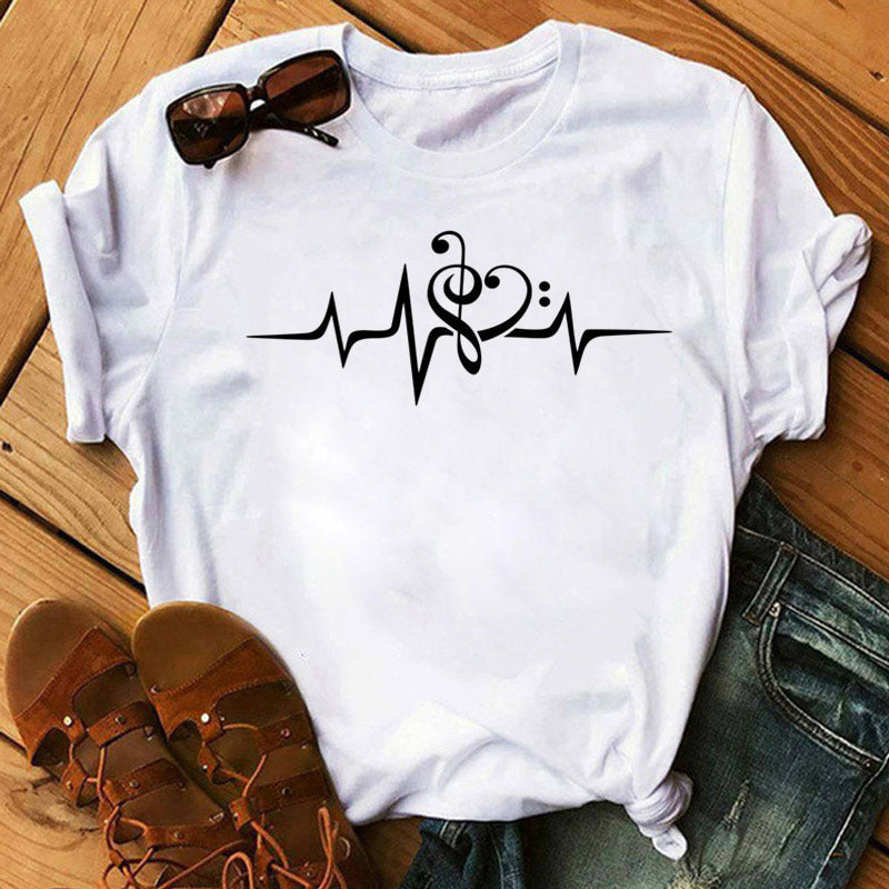 Positive Women's Music Note Printing Kawaii Top Love Female T-shirt