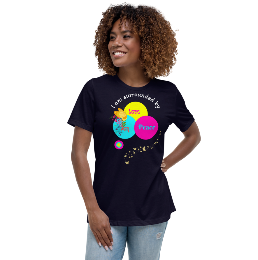 Inspiration and motivation T-shirt for women. The combination of exotic bright colours (pink, blue, and yellow) adds an element of joy and playfulness to this Inspirational T-shirt. Each hue symbolizes something unique: pink for love and compassion, blue for peace and tranquillity, and yellow for happiness and positivity. Image of a beautiful butterfly