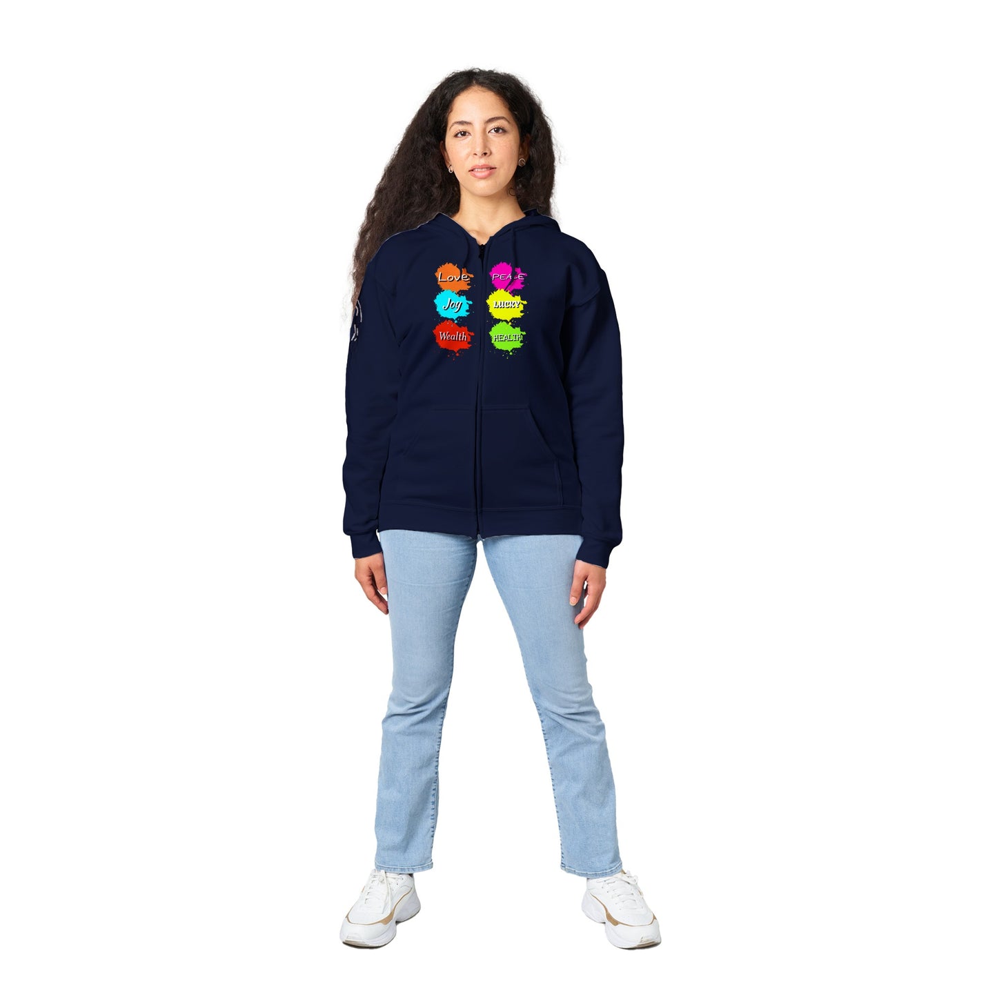 This hoodie is more than just fashion; it's a statement that resonates with meaning and positivity. Featuring an array of bright colours, the front of the hoodie carries words that evoke a sense of empowerment and bliss: Love, Peace, Joy, Lucky, Wealth, and Health. As you wear these words close to your heart, you invite their energy into your life. Turn to the back, and you'll find additional affirmations that uplift your journey: Blessings, Success, and Gratitude.