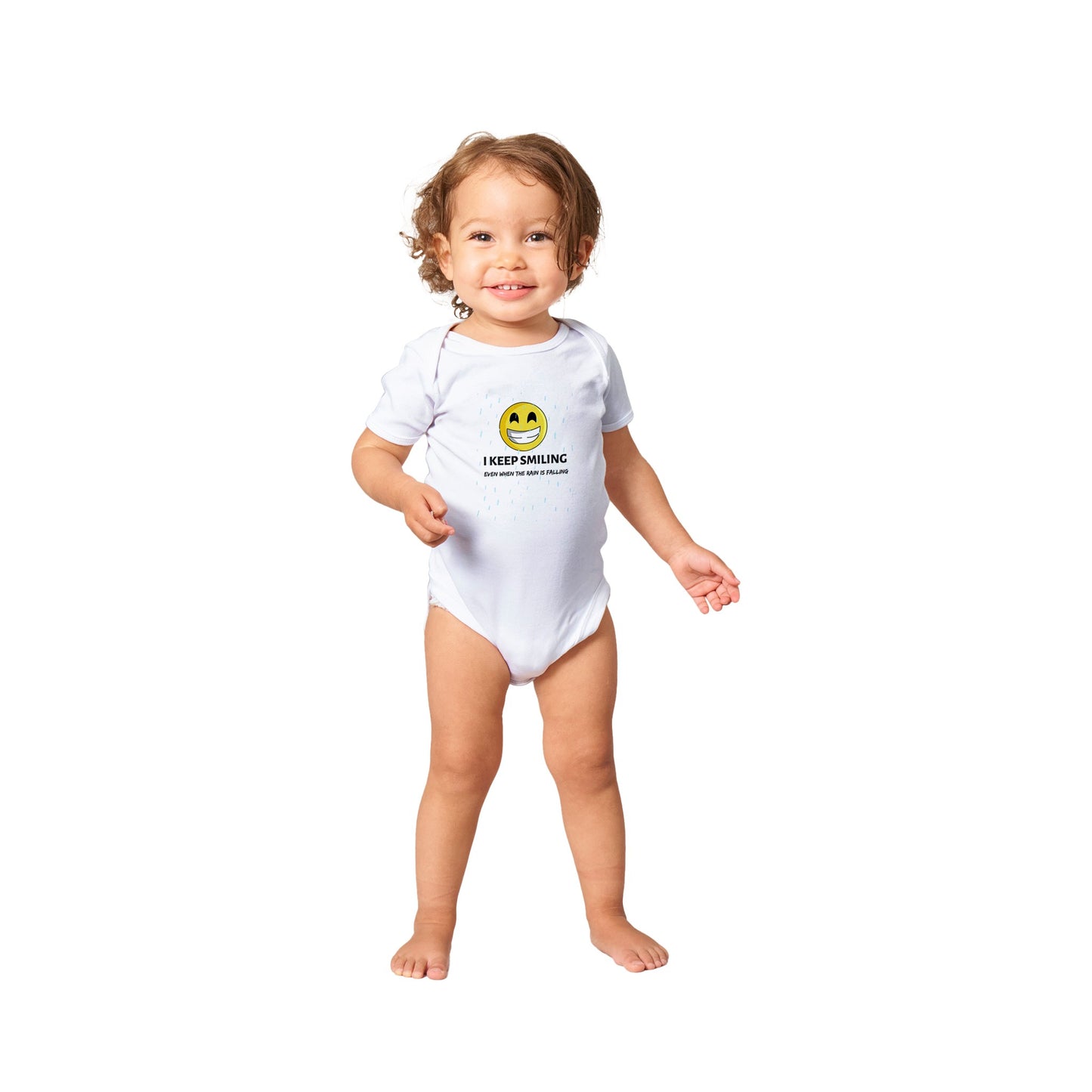 Inspirational Baby Short Sleeve Bodysuit with a positive affirmation: "I Keep Smiling, even when the rain is falling". An image of an emoji smiling and drop of rain - white