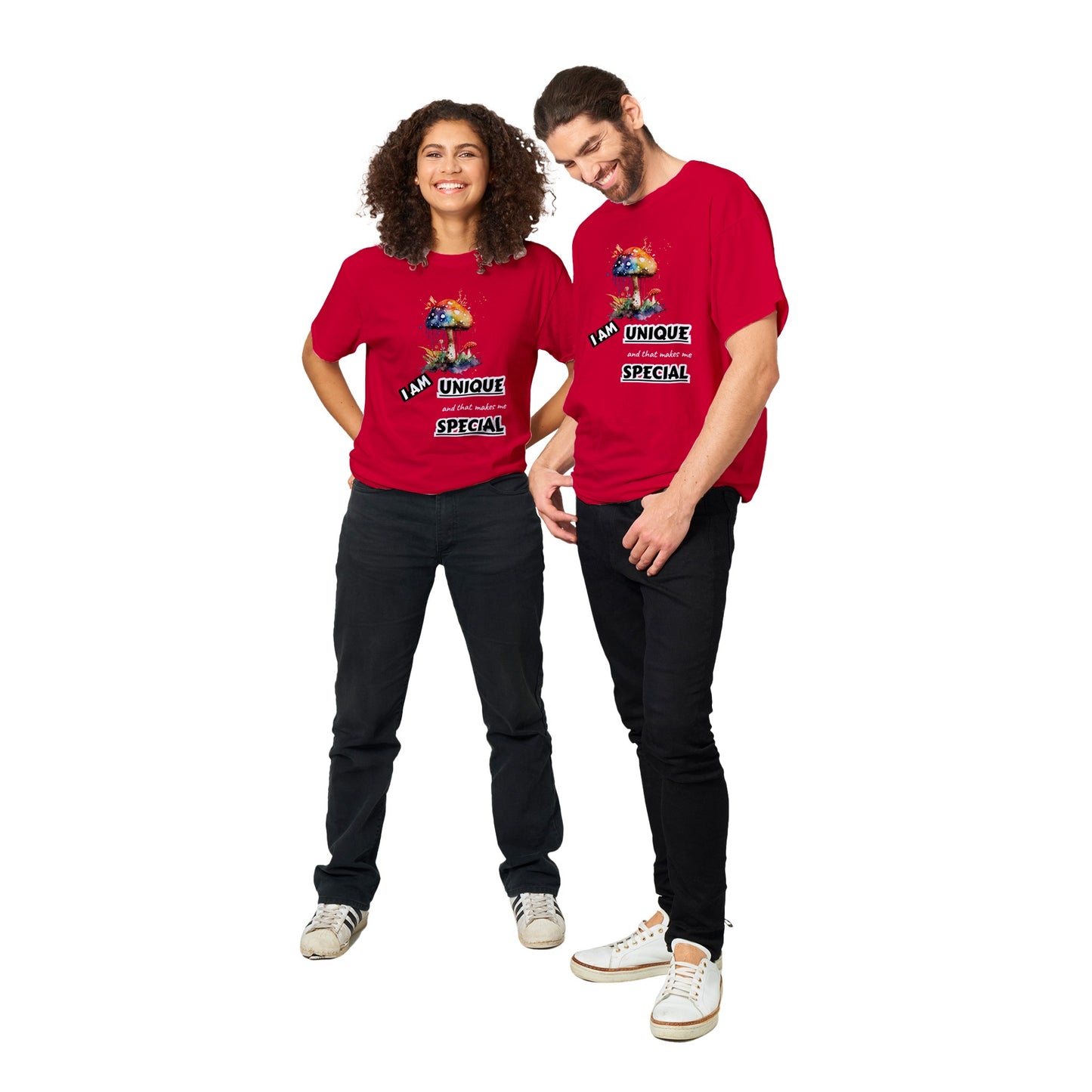 I AM UNIQUE, AND THAT MAKES ME SPECIAL - INSPIRATIONAL QUOTES FASHION COLOURFUL MUSHROOM MEN WOMEN RED T-SHIRT