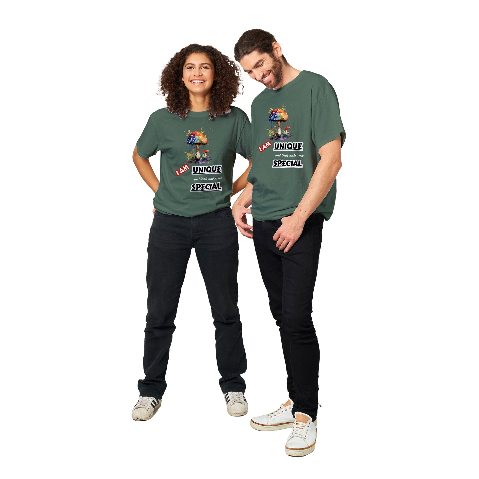 I AM UNIQUE, AND THAT MAKES ME SPECIAL - INSPIRATIONAL QUOTES FASHION COLOURFUL MUSHROOM MEN WOMEN GREEN MILITAR T-SHIRT