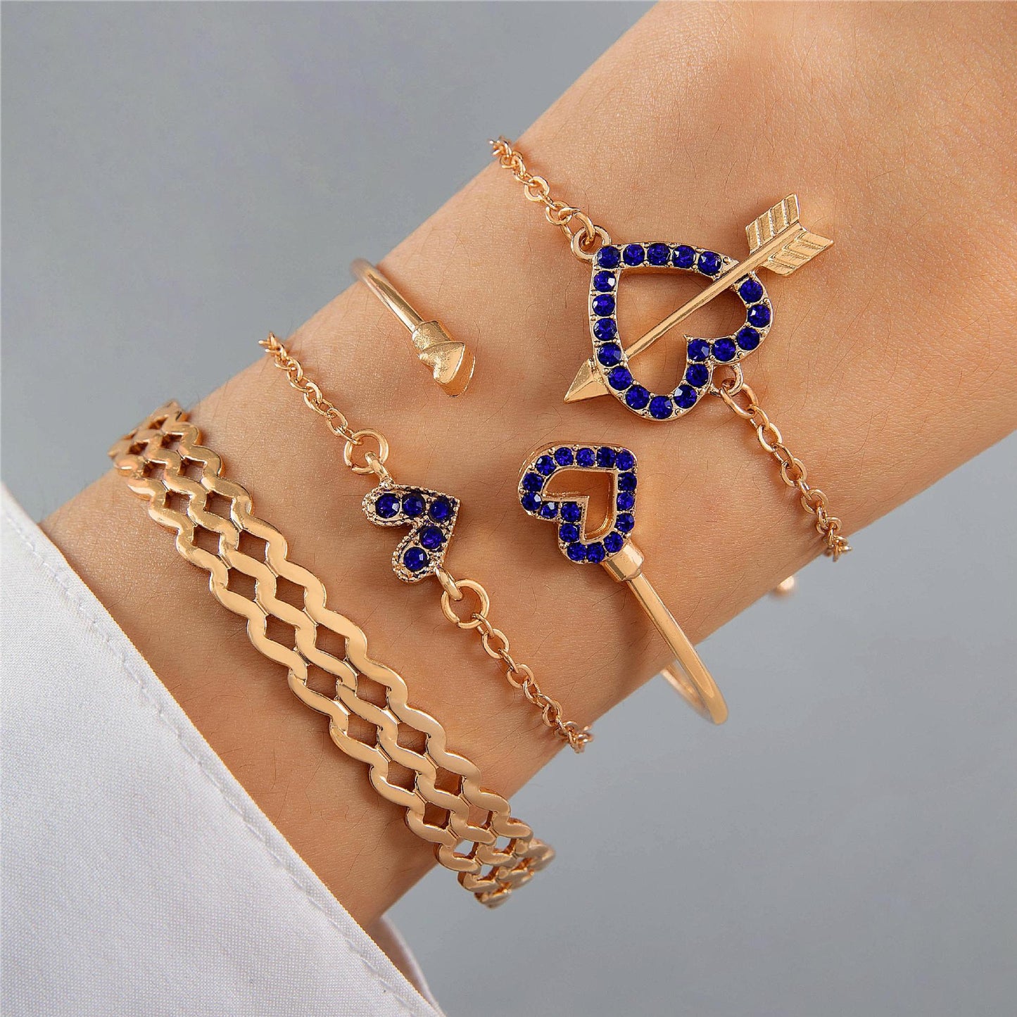 4pcs Gold Blue Flower Love Butterfly Bracelet Set With Rhinestones