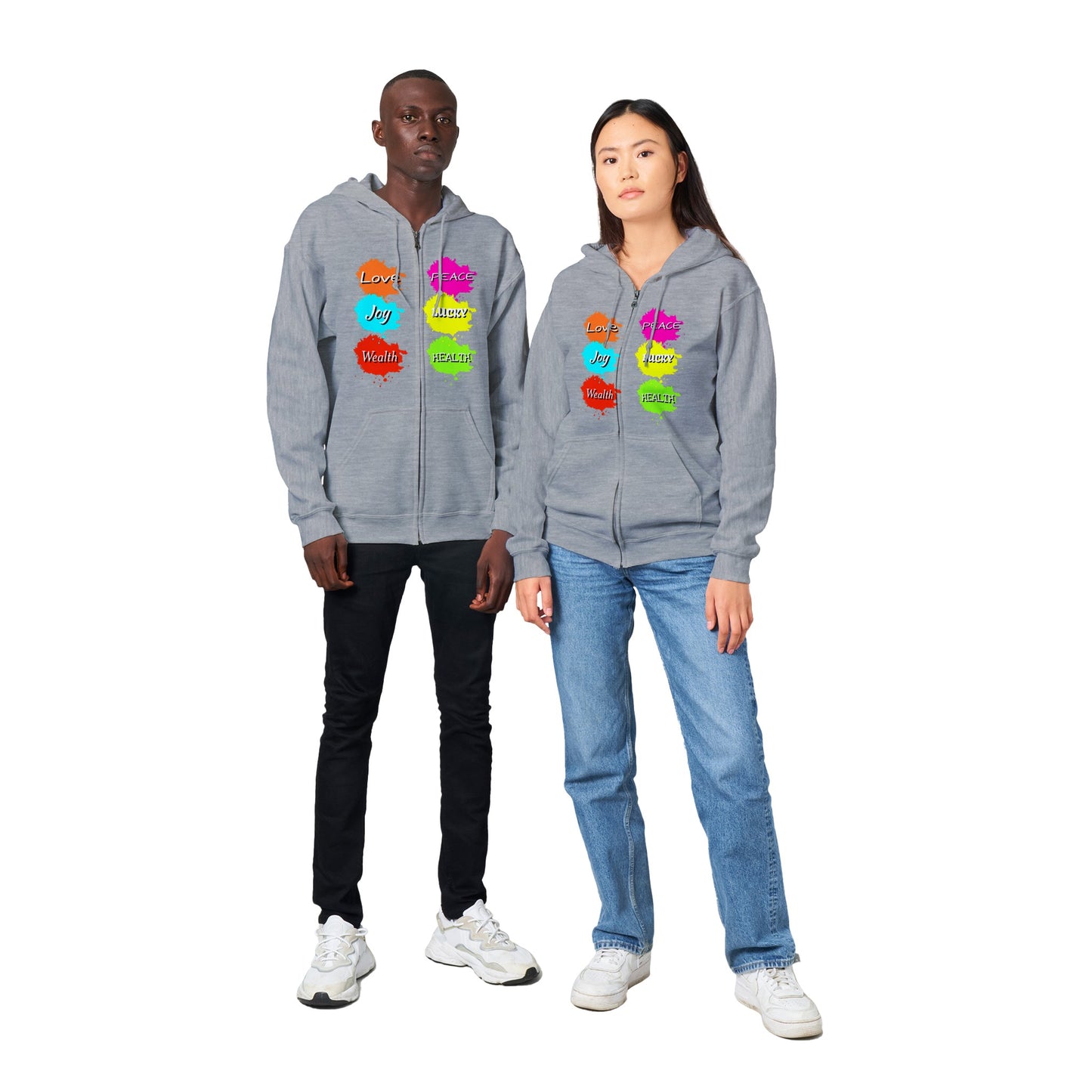This hoodie is more than just fashion; it's a statement that resonates with meaning and positivity. Featuring an array of bright colours, the front of the hoodie carries words that evoke a sense of empowerment and bliss: Love, Peace, Joy, Lucky, Wealth, and Health. As you wear these words close to your heart, you invite their energy into your life. Turn to the back, and you'll find additional affirmations that uplift your journey: Blessings, Success, and Gratitude.
