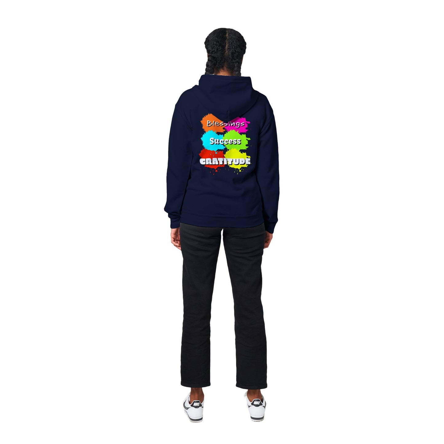 This hoodie is more than just fashion; it's a statement that resonates with meaning and positivity. Featuring an array of bright colours, the front of the hoodie carries words that evoke a sense of empowerment and bliss: Love, Peace, Joy, Lucky, Wealth, and Health. As you wear these words close to your heart, you invite their energy into your life. Turn to the back, and you'll find additional affirmations that uplift your journey: Blessings, Success, and Gratitude.