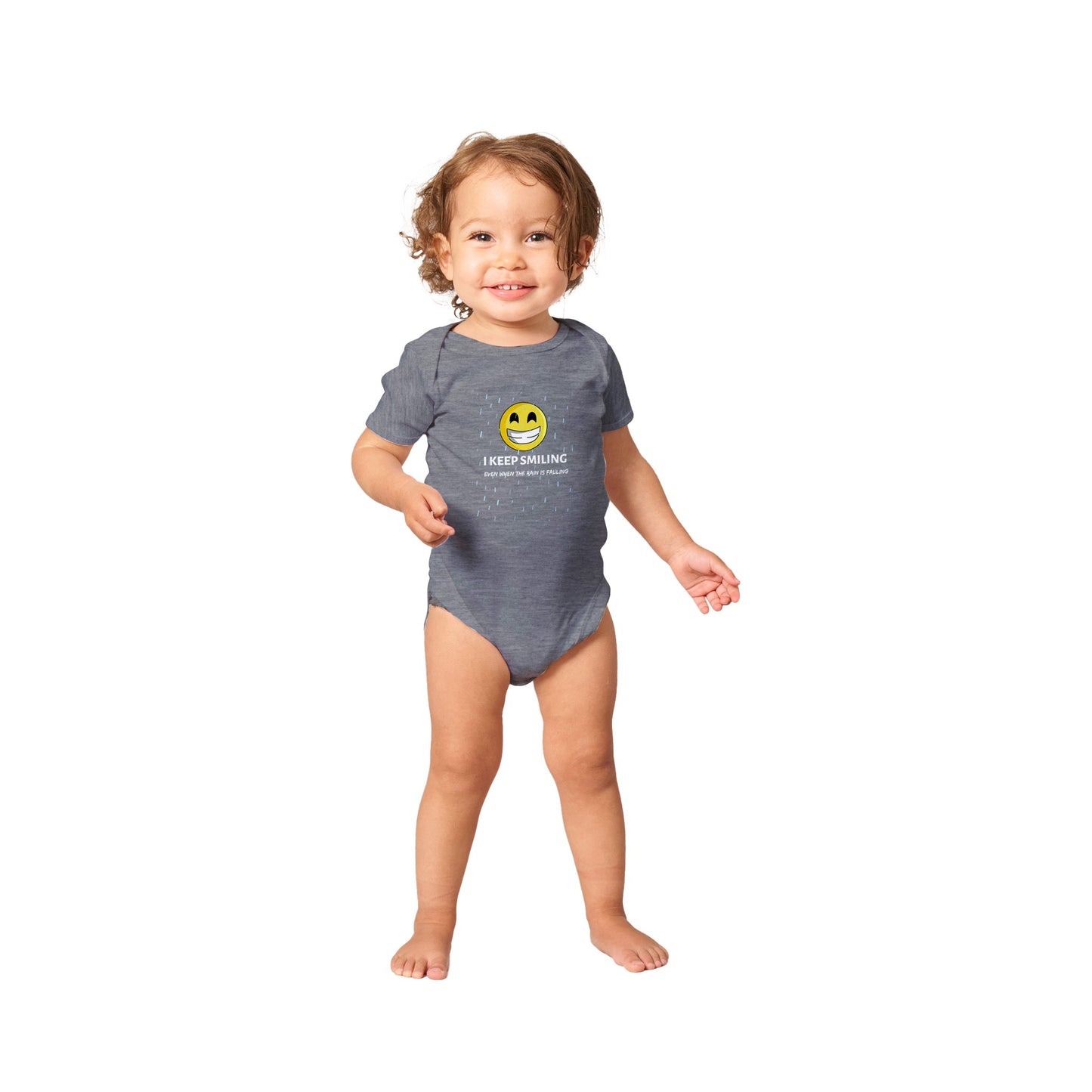 Inspirational Baby Short Sleeve Bodysuit with a positive affirmation: "I Keep Smiling, even when the rain is falling". An image of an emoji smiling and drop of rain - grey