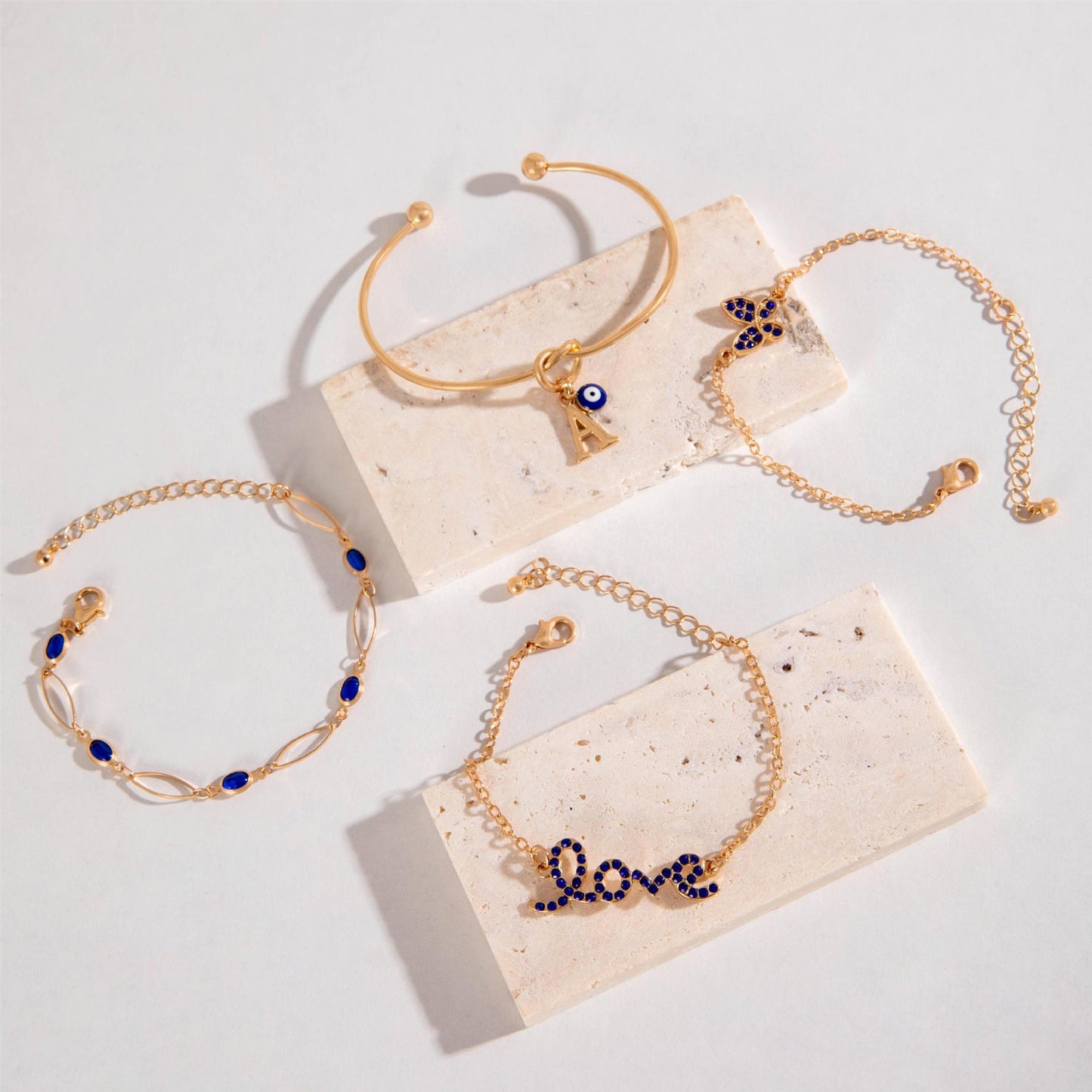 4pcs Gold Blue Flower Love Butterfly Bracelet Set With Rhinestones