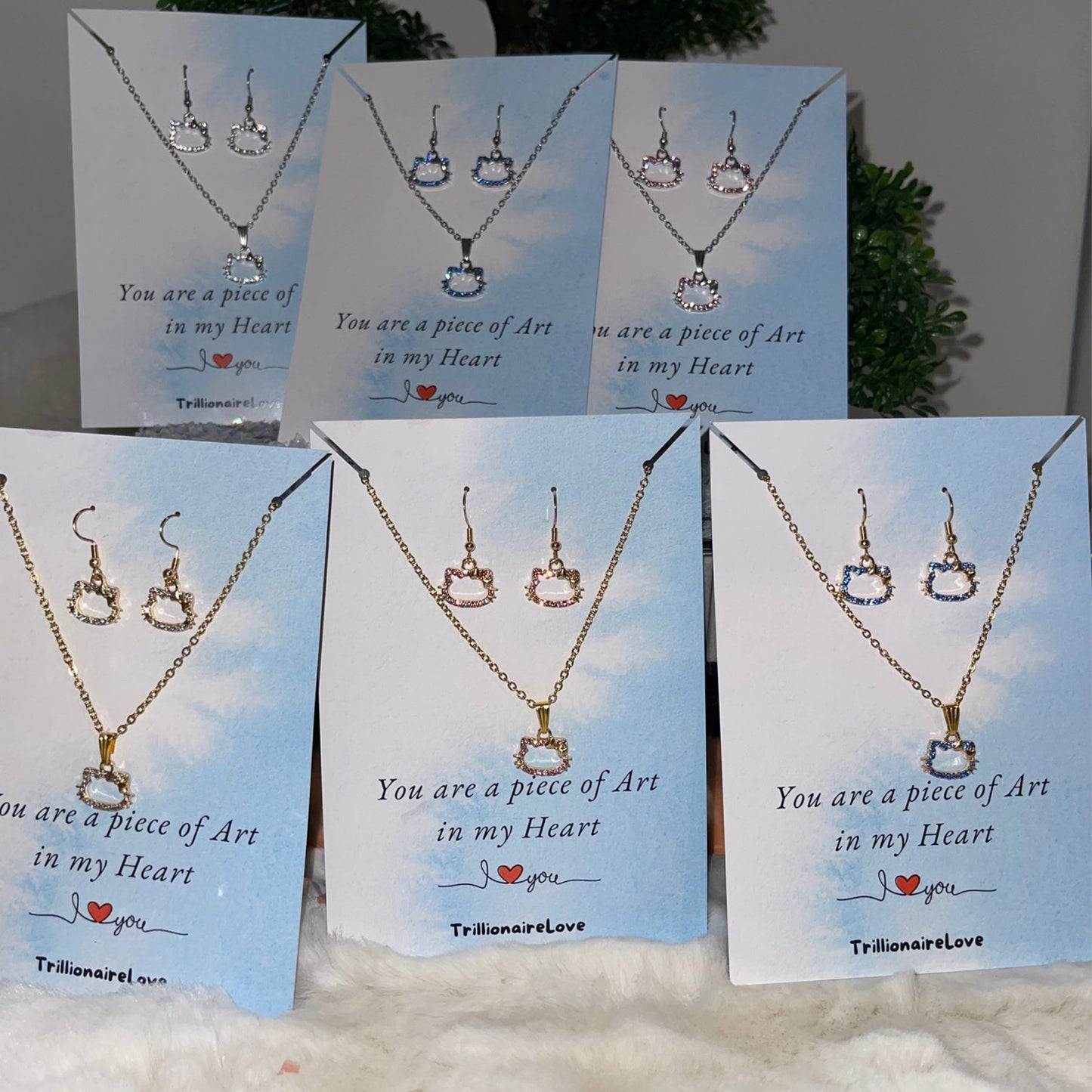 Kitty Necklace Set, Kwaii Kitty, Cat Earrings, Silver Gold Necklace, Cute Cat Jewelry, Stainless Steel, Handmade Jewellery, Gift For Her