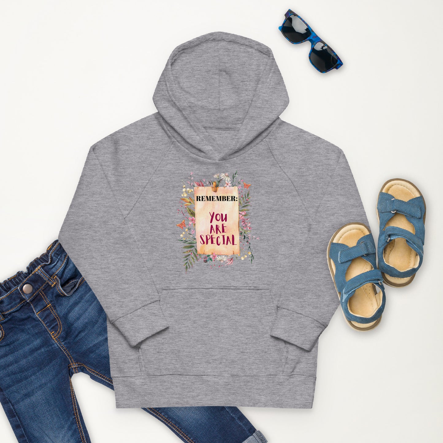Inspirational Kids Pullover Organic Hoodie featuring the powerful affirmation, "Remember, You Are Special." The vintage-inspired design, featuring a floral botanical reminder note, adds a touch of timeless elegance to their attire