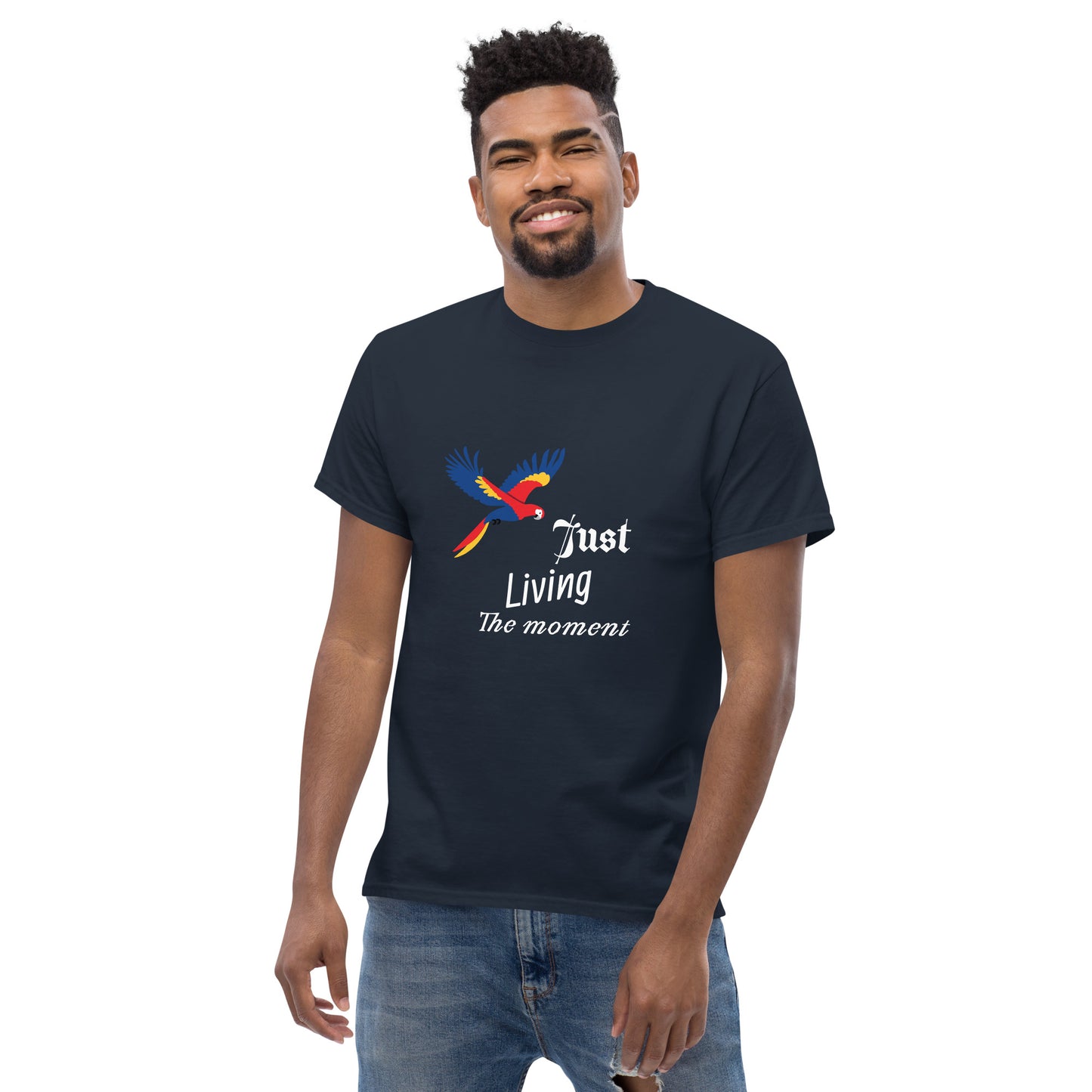 Inspirational Men's tee, Positive quote: Just Living The Moment" motivational T-shirt, Words Of Wisdom, Motivational Clothes Unique Gift Idea for boy, brother, uncle, professor, grandfather, dad, young man - navy t-shirt