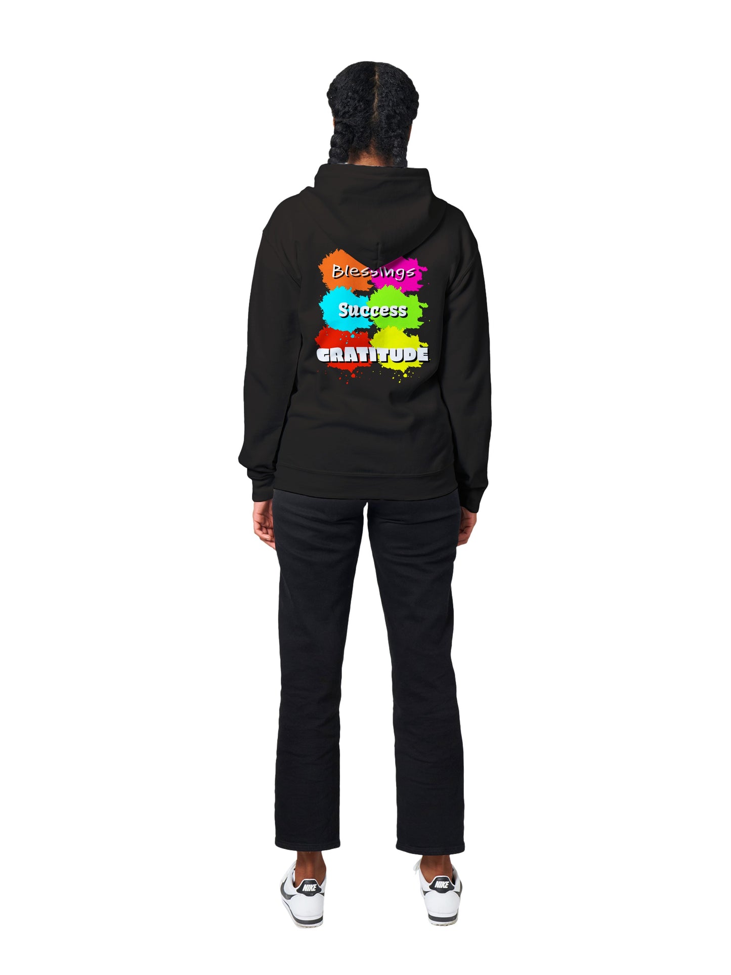 This hoodie is more than just fashion; it's a statement that resonates with meaning and positivity. Featuring an array of bright colours, the front of the hoodie carries words that evoke a sense of empowerment and bliss: Love, Peace, Joy, Lucky, Wealth, and Health. As you wear these words close to your heart, you invite their energy into your life. Turn to the back, and you'll find additional affirmations that uplift your journey: Blessings, Success, and Gratitude.