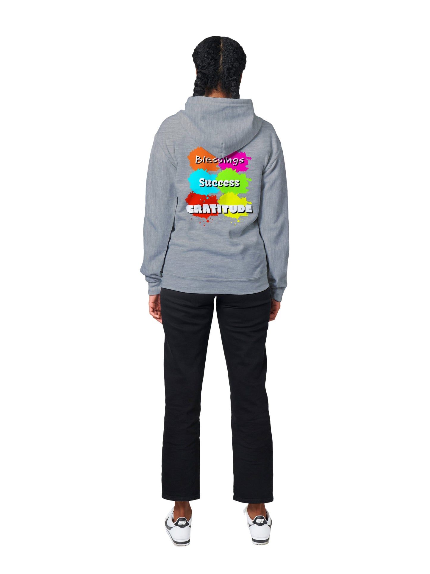 This hoodie is more than just fashion; it's a statement that resonates with meaning and positivity. Featuring an array of bright colours, the front of the hoodie carries words that evoke a sense of empowerment and bliss: Love, Peace, Joy, Lucky, Wealth, and Health. As you wear these words close to your heart, you invite their energy into your life. Turn to the back, and you'll find additional affirmations that uplift your journey: Blessings, Success, and Gratitude.