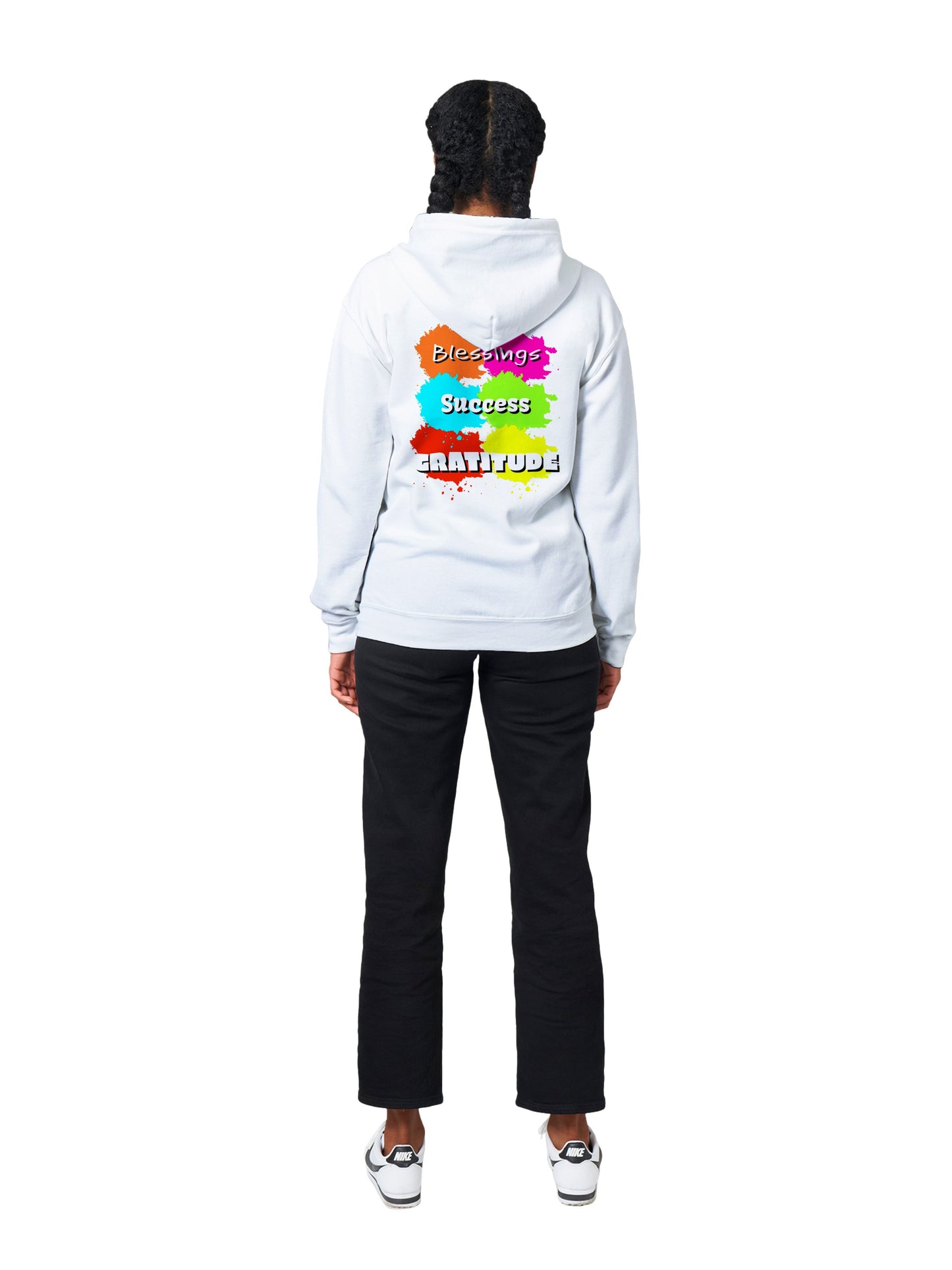 This hoodie is more than just fashion; it's a statement that resonates with meaning and positivity. Featuring an array of bright colours, the front of the hoodie carries words that evoke a sense of empowerment and bliss: Love, Peace, Joy, Lucky, Wealth, and Health. As you wear these words close to your heart, you invite their energy into your life. Turn to the back, and you'll find additional affirmations that uplift your journey: Blessings, Success, and Gratitude.