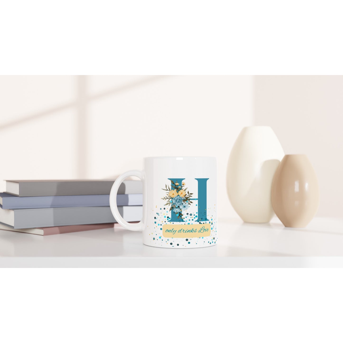 "H Only Drinks Love" White Mug with Blue Letter H - 11oz Ceramic Mug- Gift Idea
