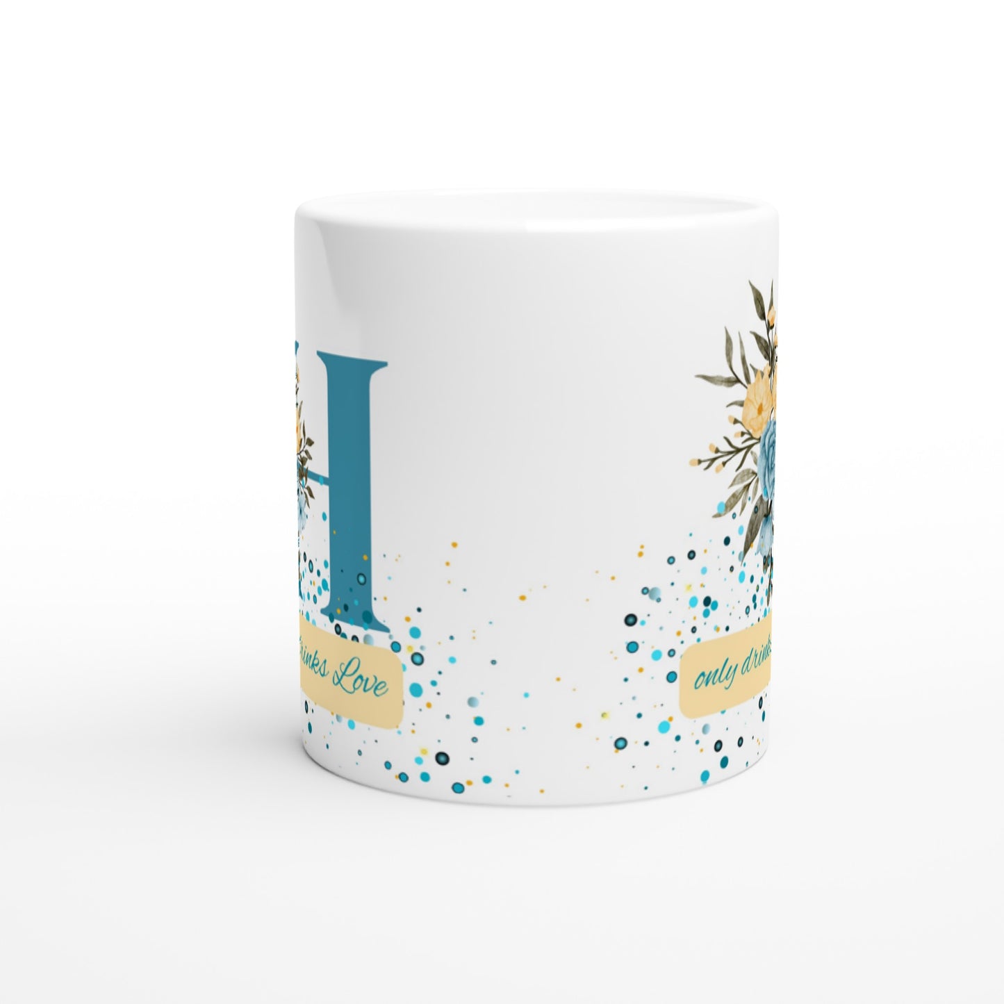 "H Only Drinks Love" White Mug with Blue Letter H - 11oz Ceramic Mug- Gift Idea