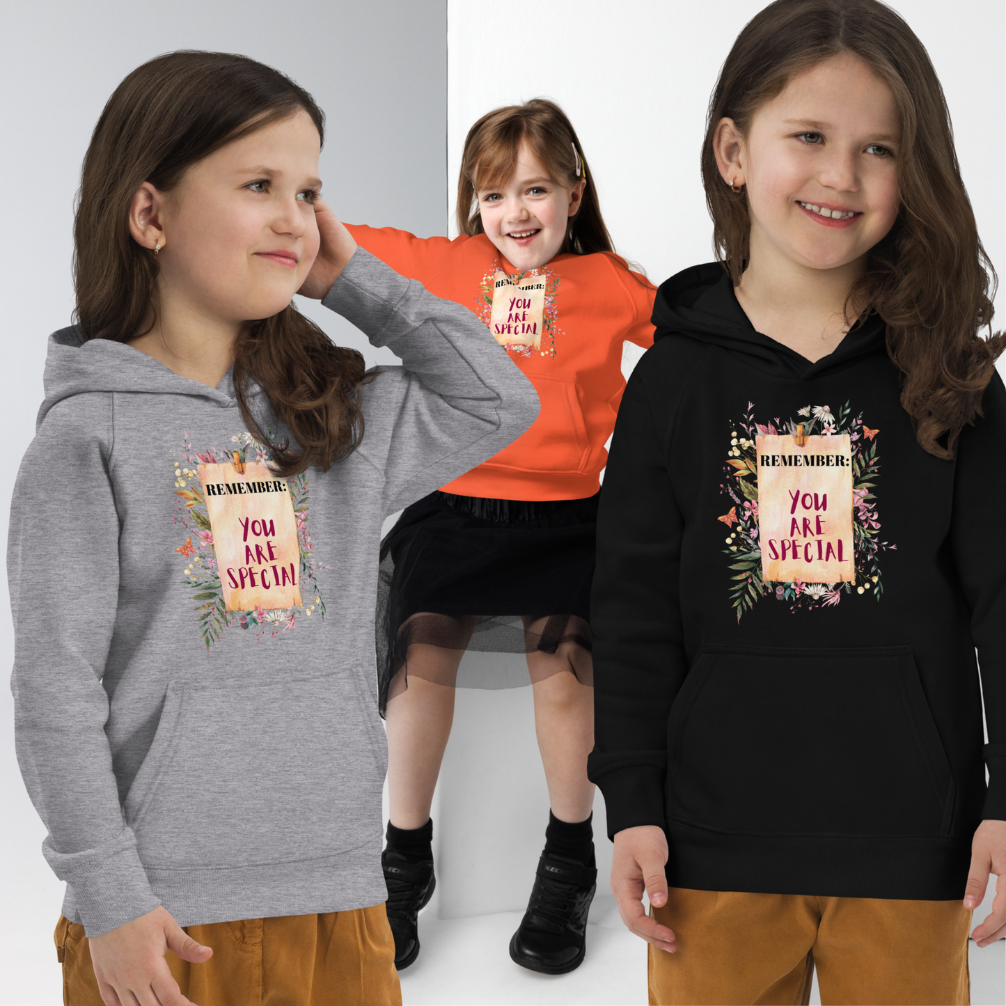 Inspirational Pullover Organic Anesthetic Hoodie featuring the positive message: Remember, You Are Special. The vintage-inspired design, featuring a floral botanical reminder note, adds a touch of timeless elegance to their attire.
