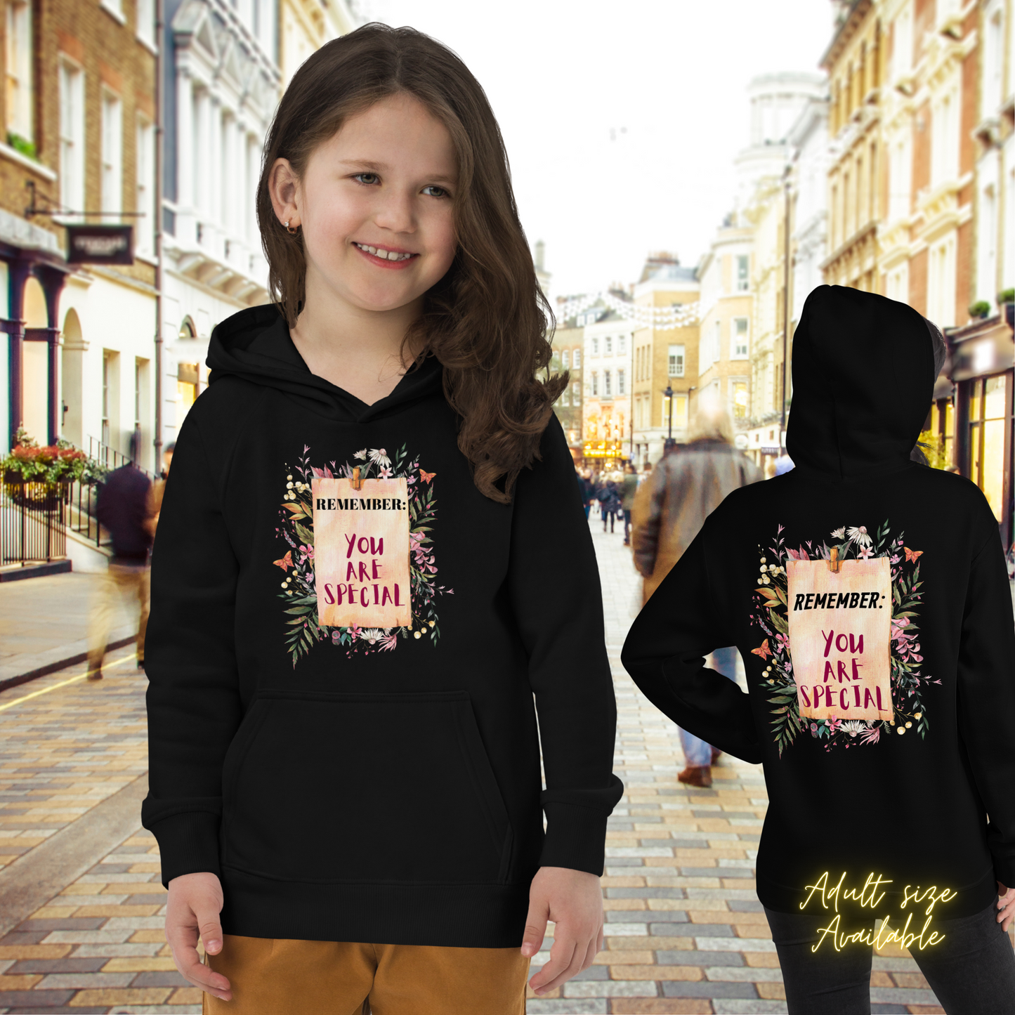 Inspirational Pullover Organic Anesthetic Hoodie featuring the positive message: Remember, You Are Special. The vintage-inspired design, featuring a floral botanical reminder note, adds a touch of timeless elegance to their attire.